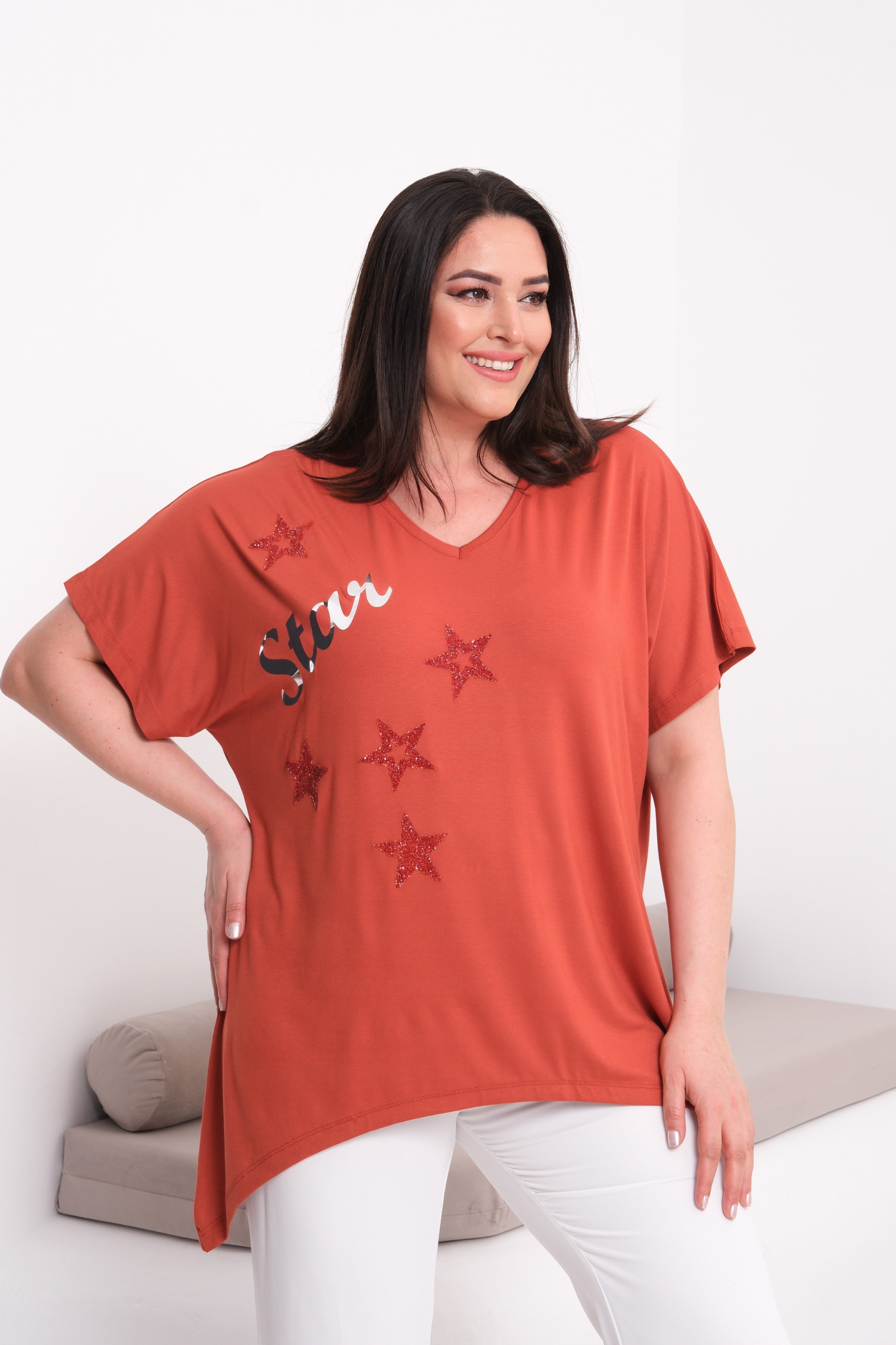 2538 Yıldız Baskılı Taşlı Star Bluz Kiremit