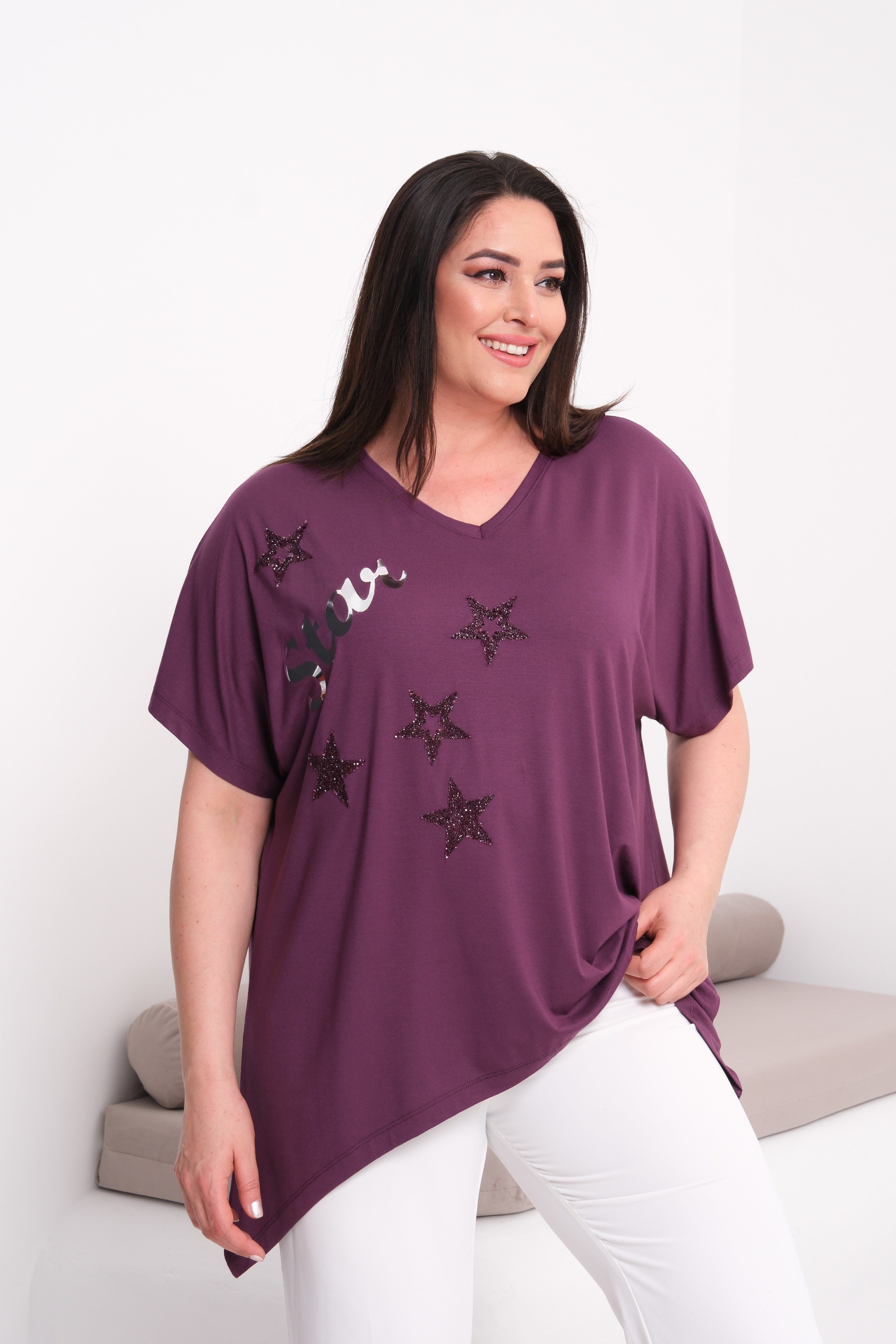 2538 Yıldız Baskılı Taşlı Star Bluz Mor