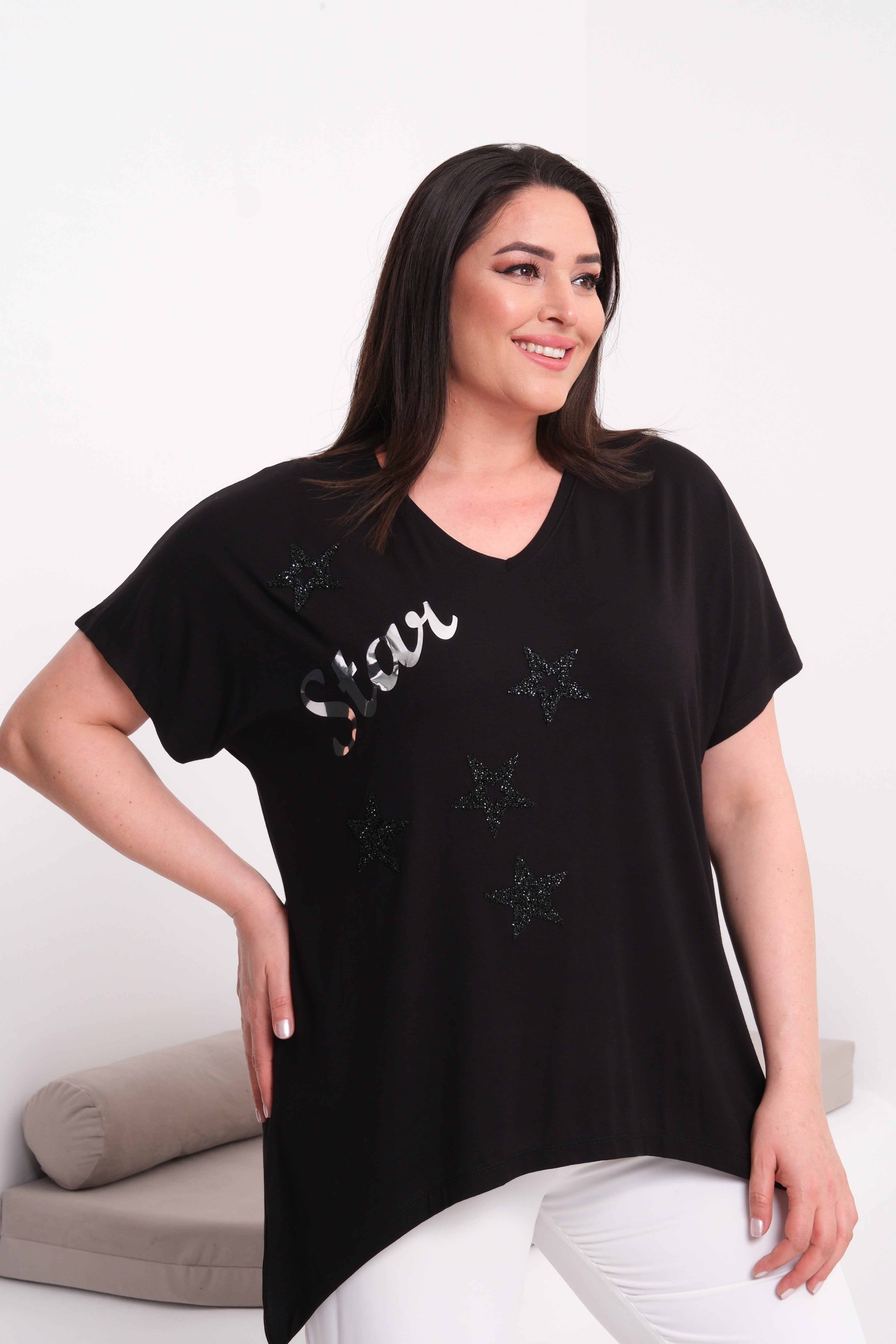 2538 Yıldız Baskılı Taşlı Star Bluz Siyah
