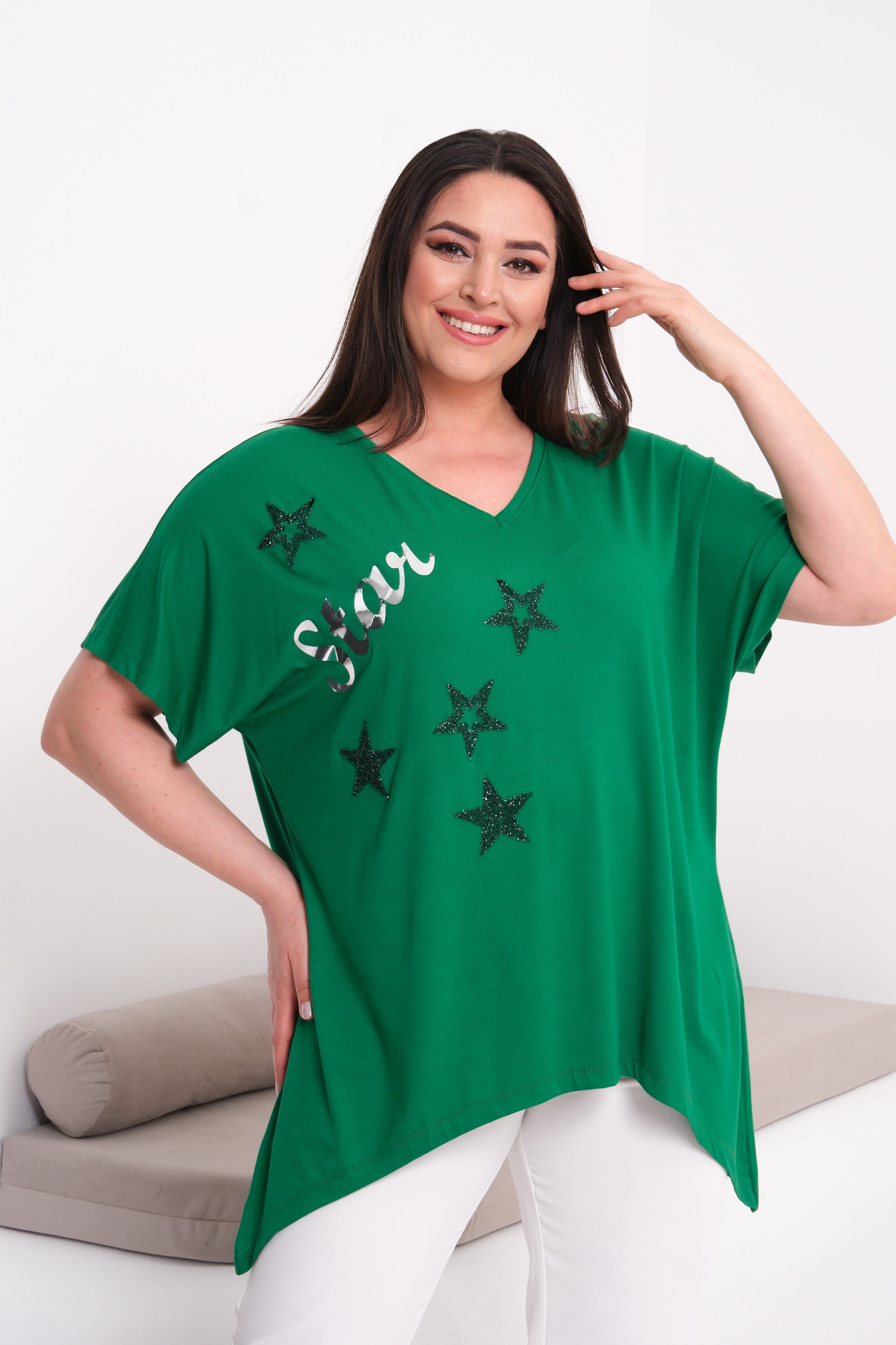2538 Yıldız Baskılı Taşlı Star Bluz Yeşil