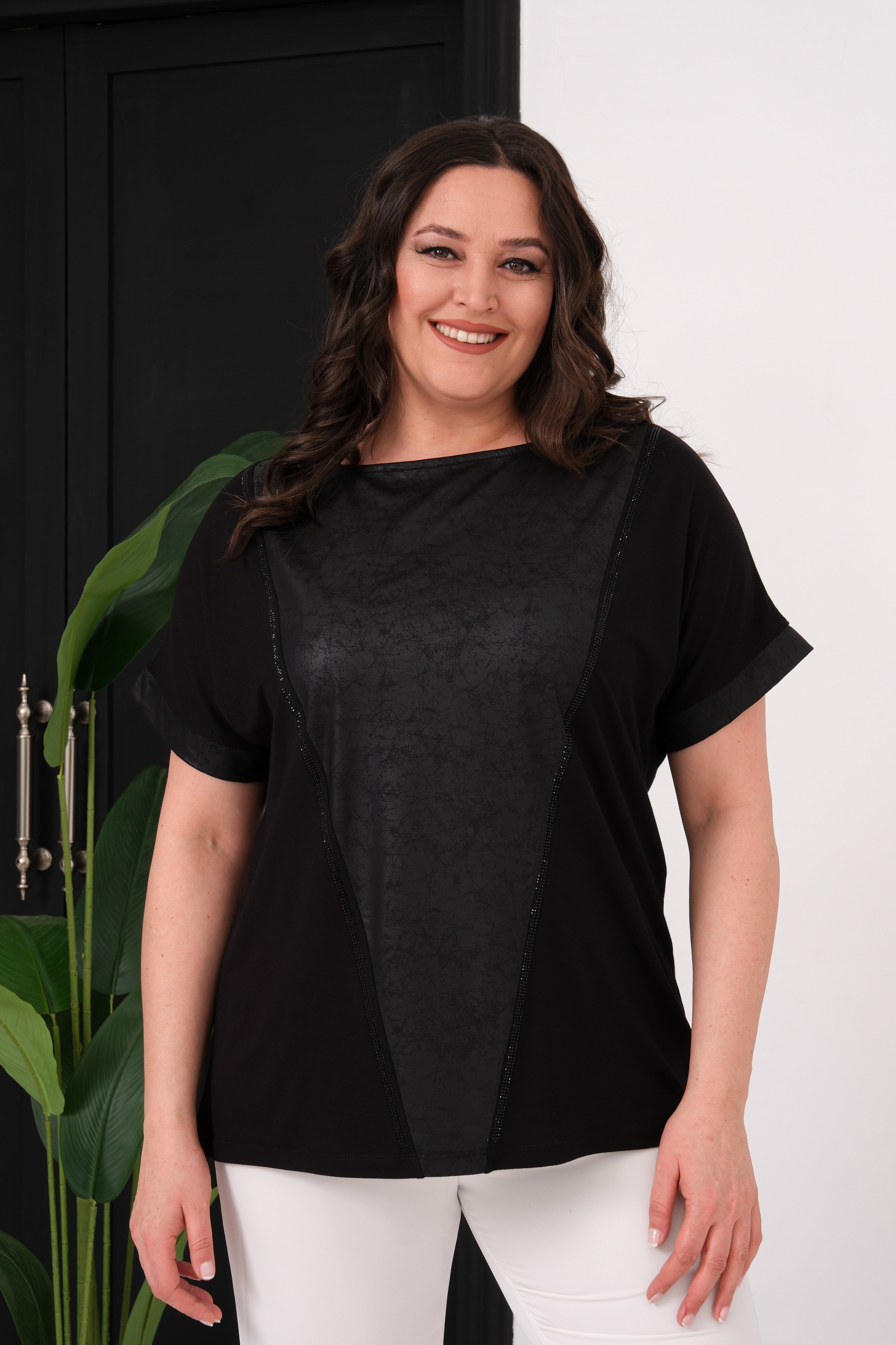 2552 Deri Taş Detaylı Bluz