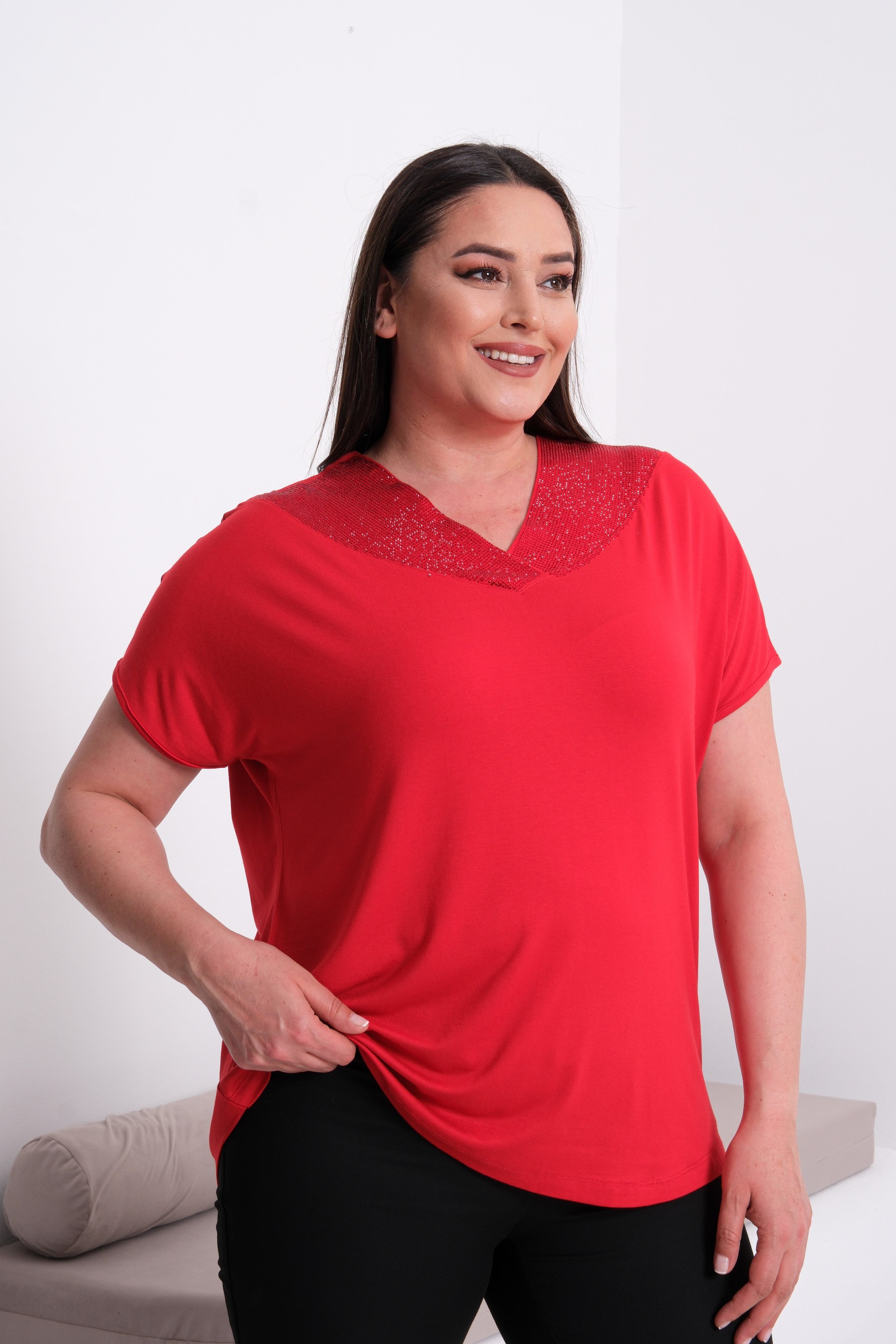 2554 Sırtı Tül Detaylı Yakası Taşlı Bluz Kırmızı