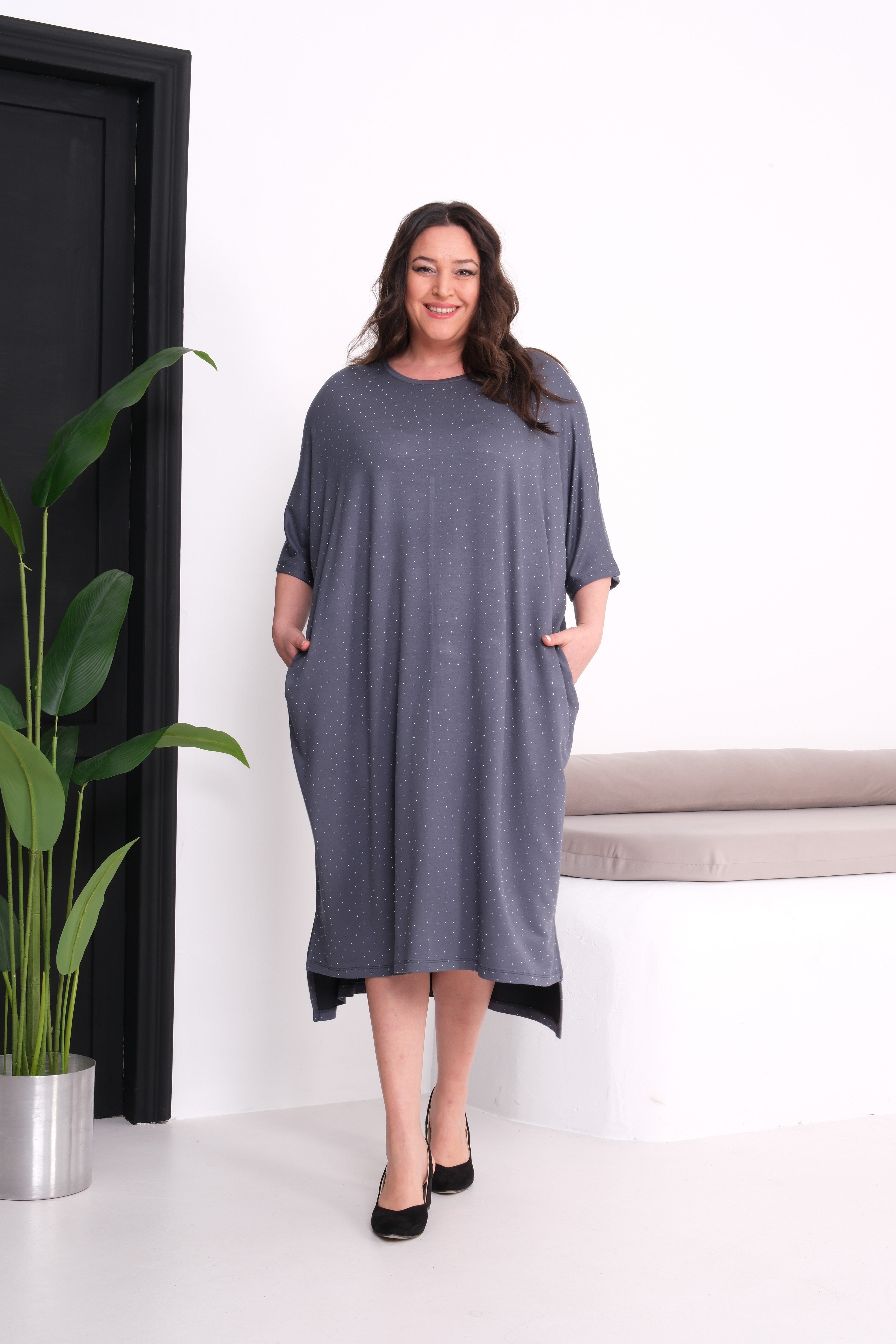3204 Full Taşlı Oversize Gri Elbise