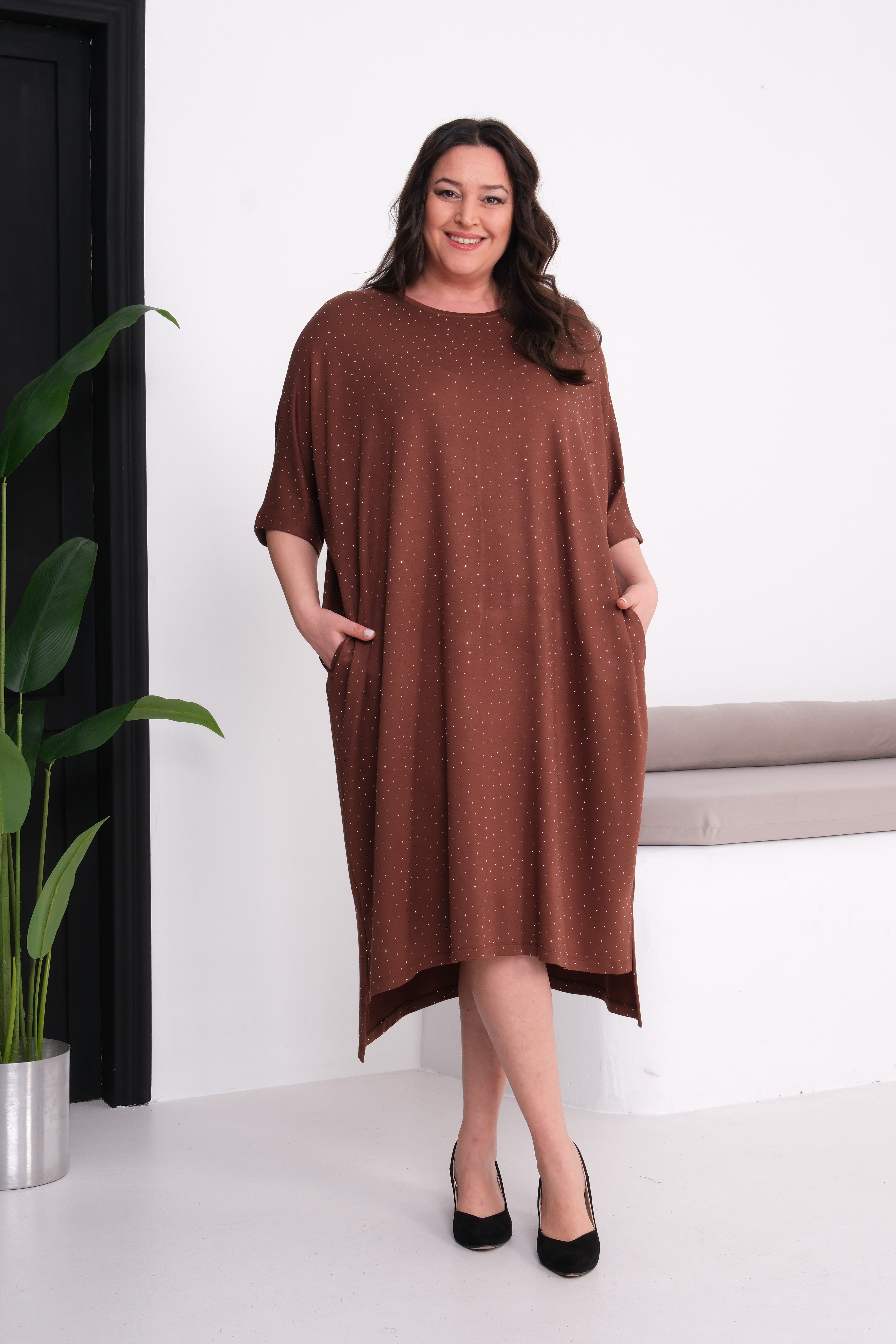 3204 Full Taşlı Oversize Kahverengi Elbise