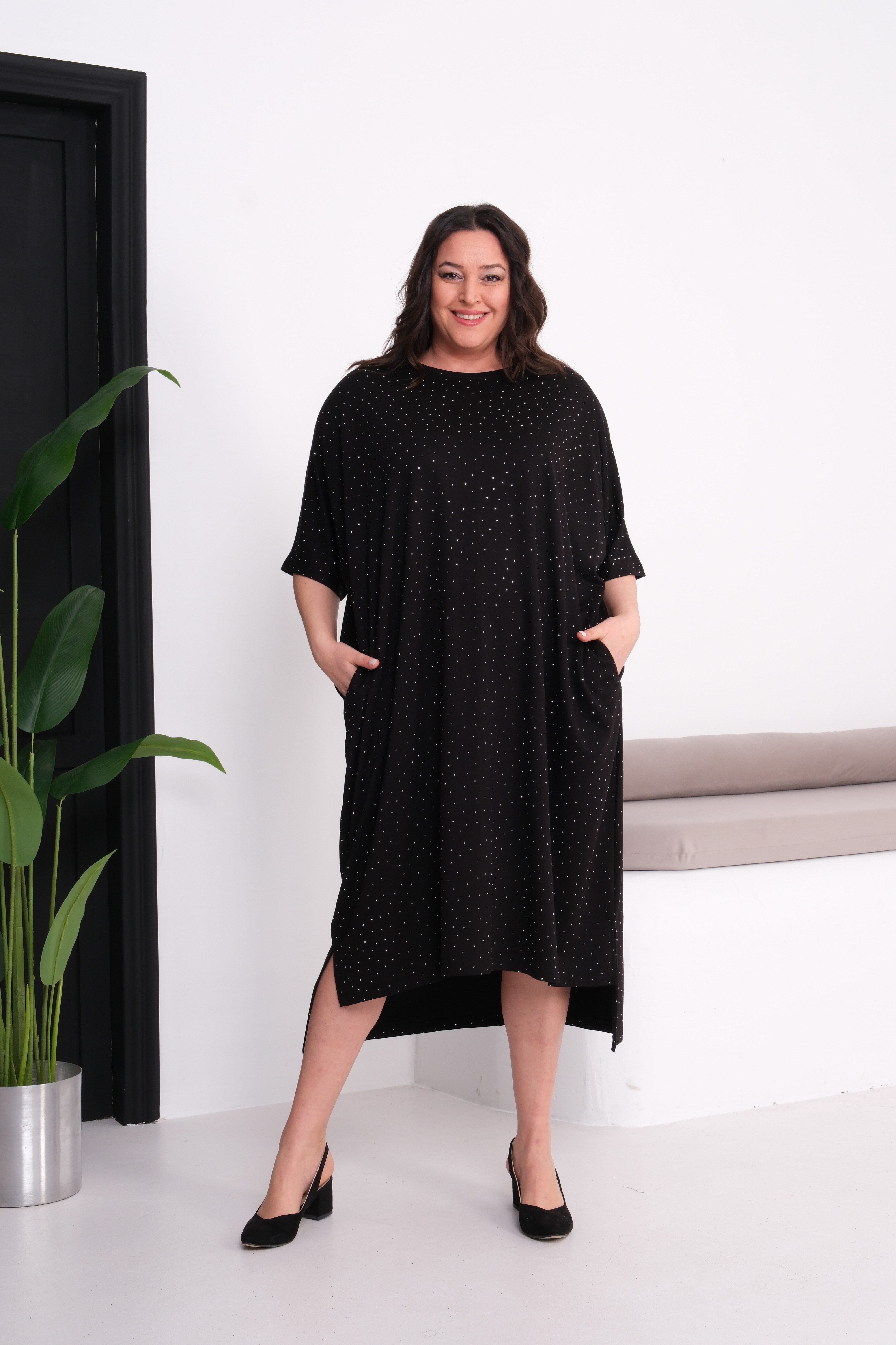 3204 Full Taşlı Oversize Siyah Elbise