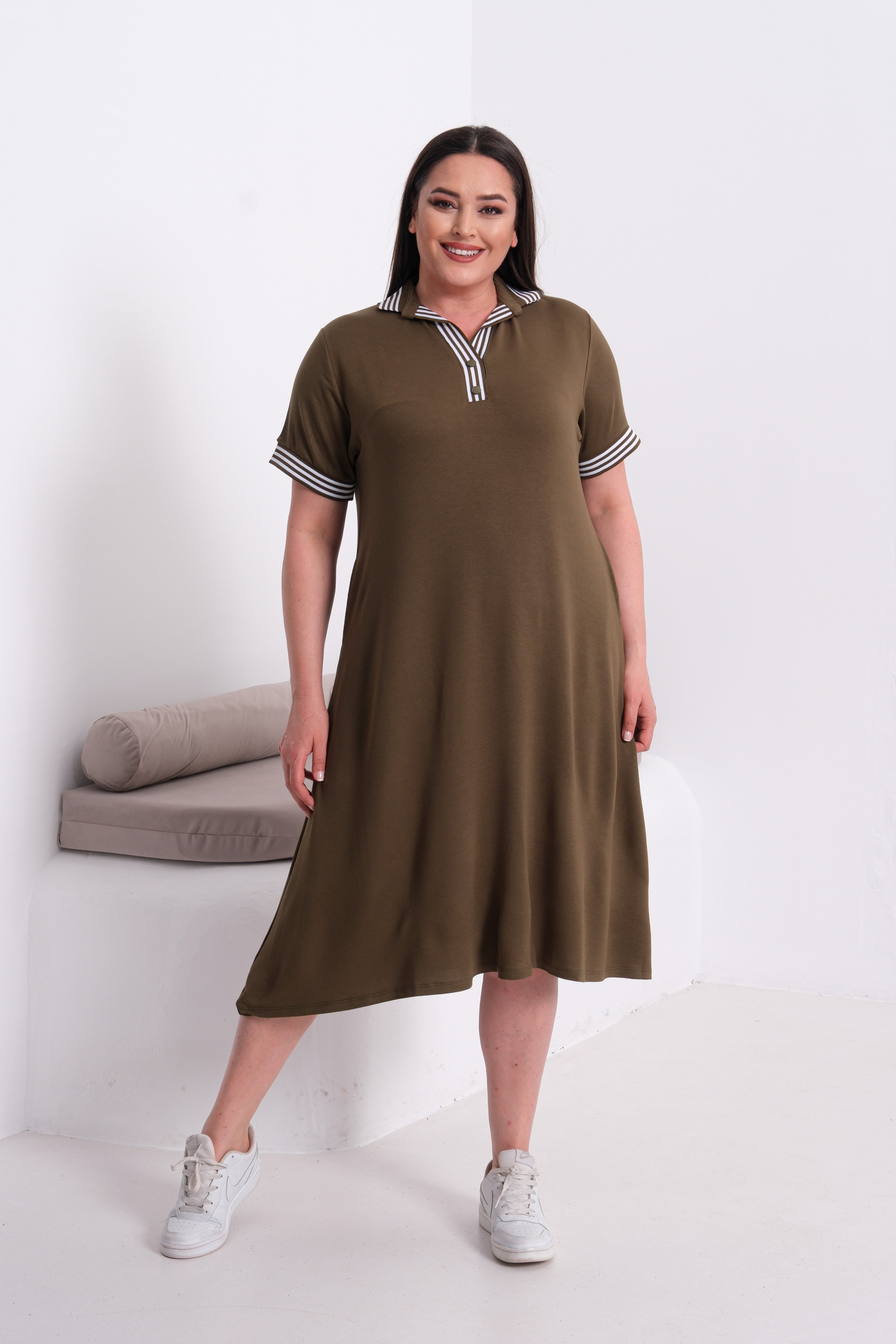 3207 Çizgili Polo Yakalı Çan Kesim Elbise Haki