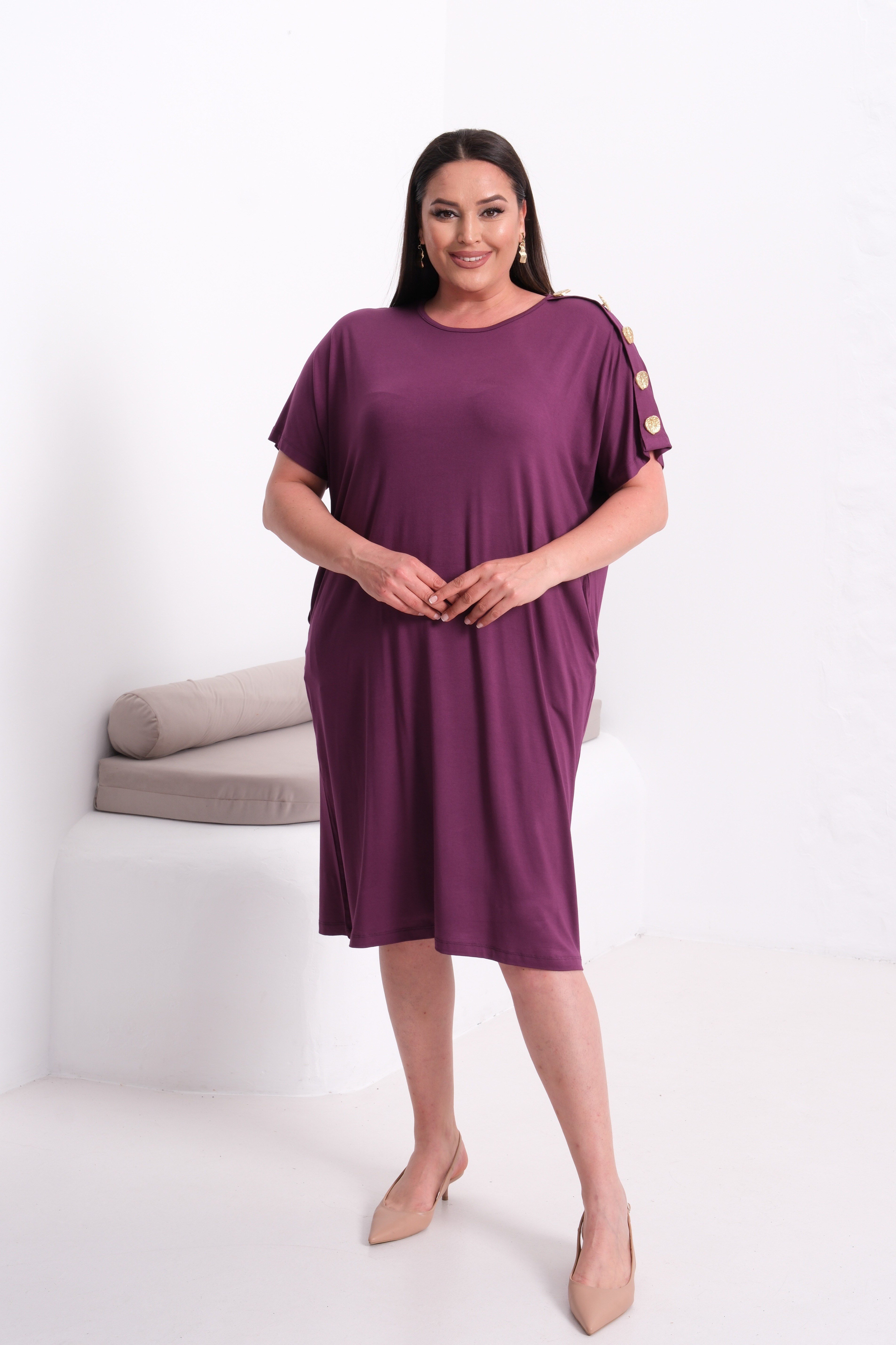 2558 Omzu Düğmeli Oversize Mor Elbise