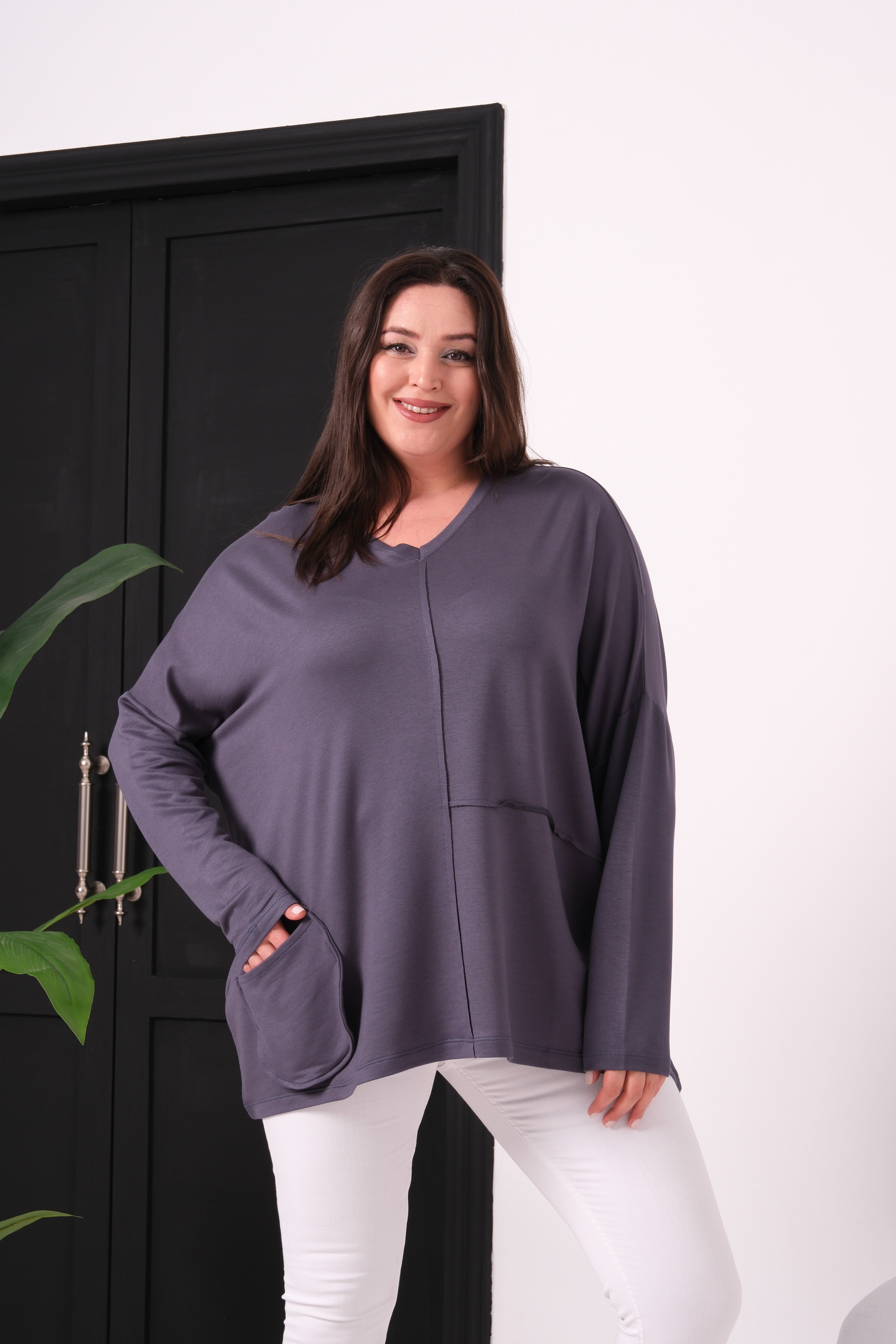 3630 V Yakalı Oversize Cepli Antrasit Bluz 