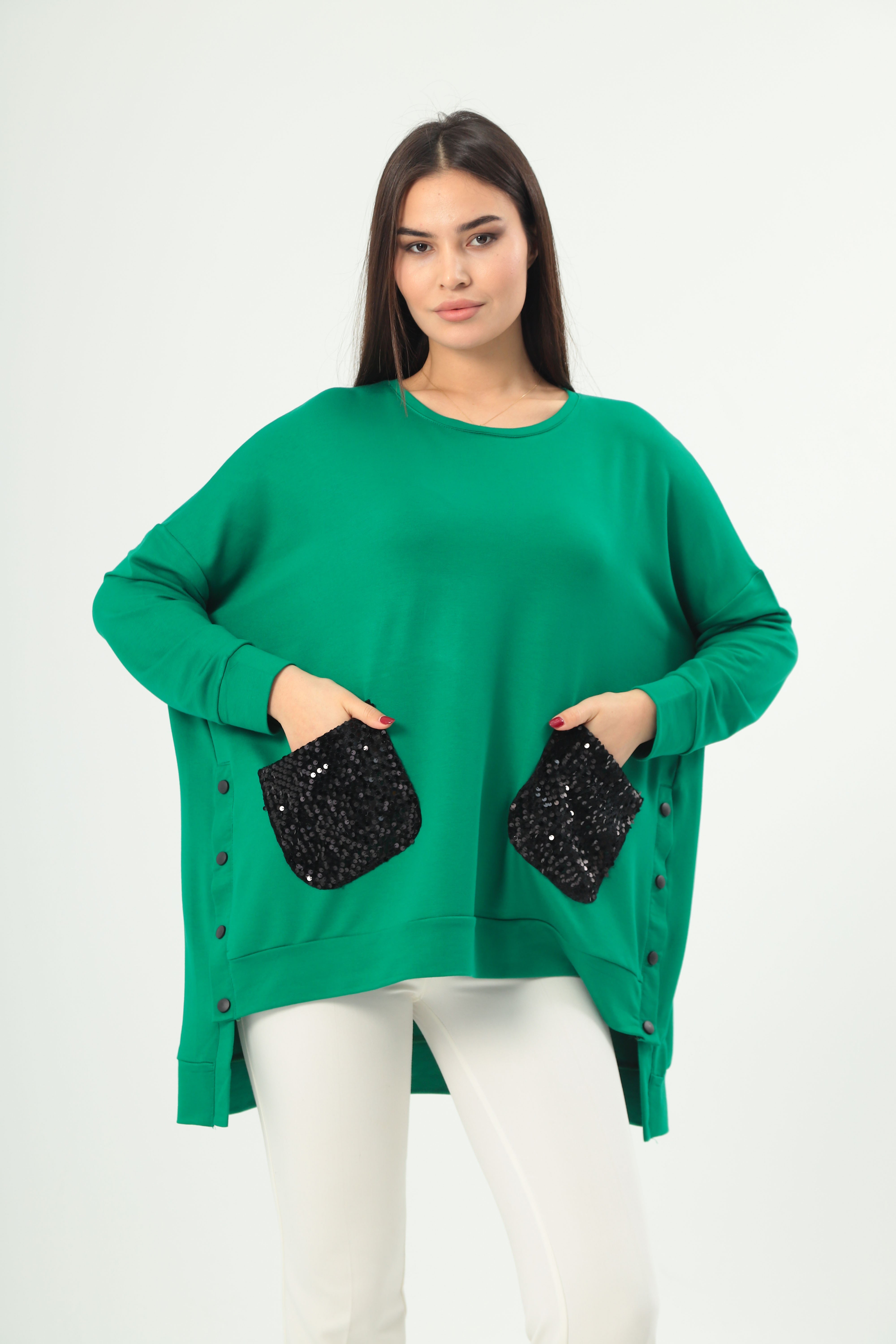 3631 Payetli Cepli Oversize Yeşil Bluz