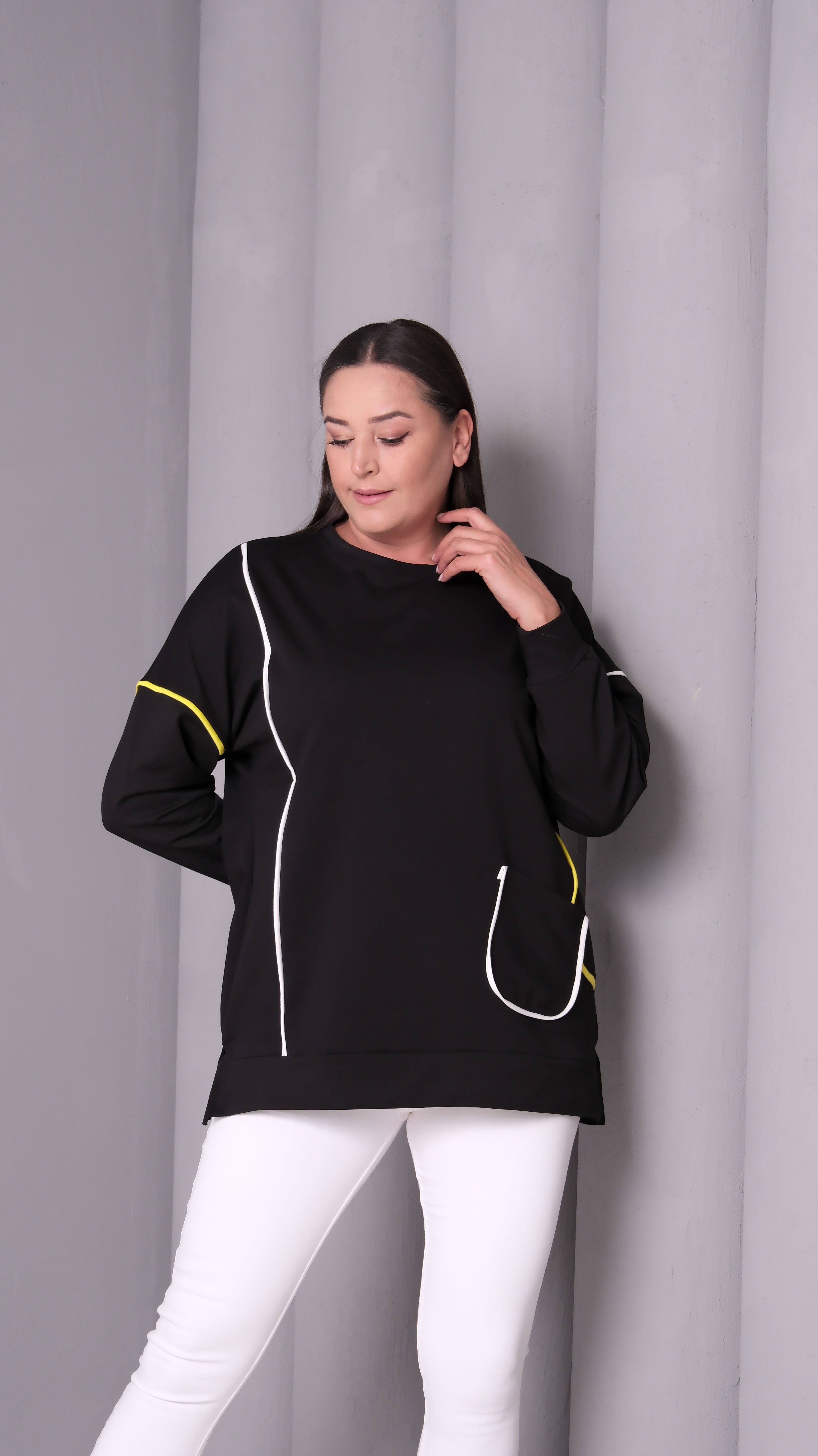 3909 Neon Şeritli Cepli Siyah Sweat