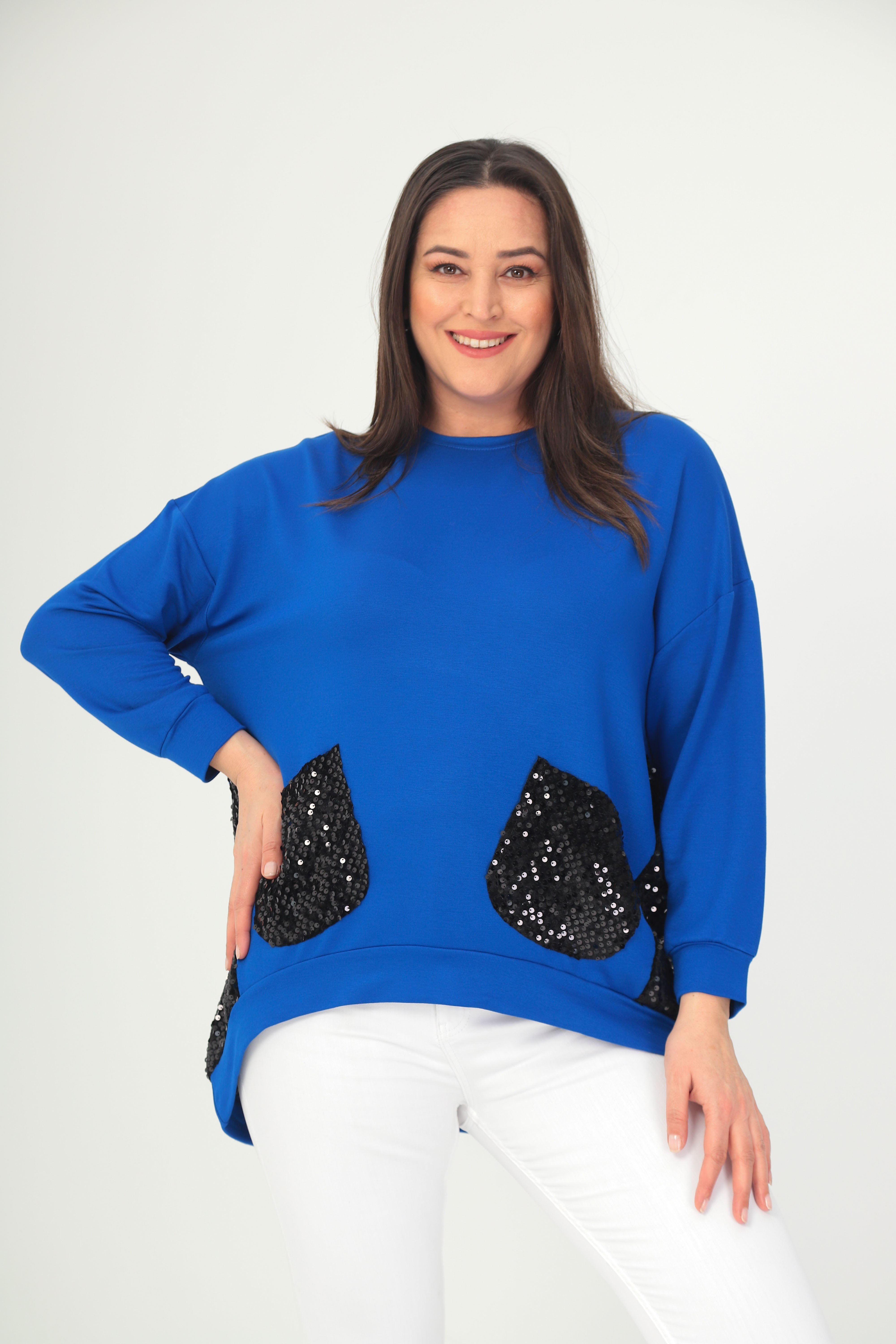 3775 Payetli Cepli Ve Kenarlı Oversize Lacivert Bluz