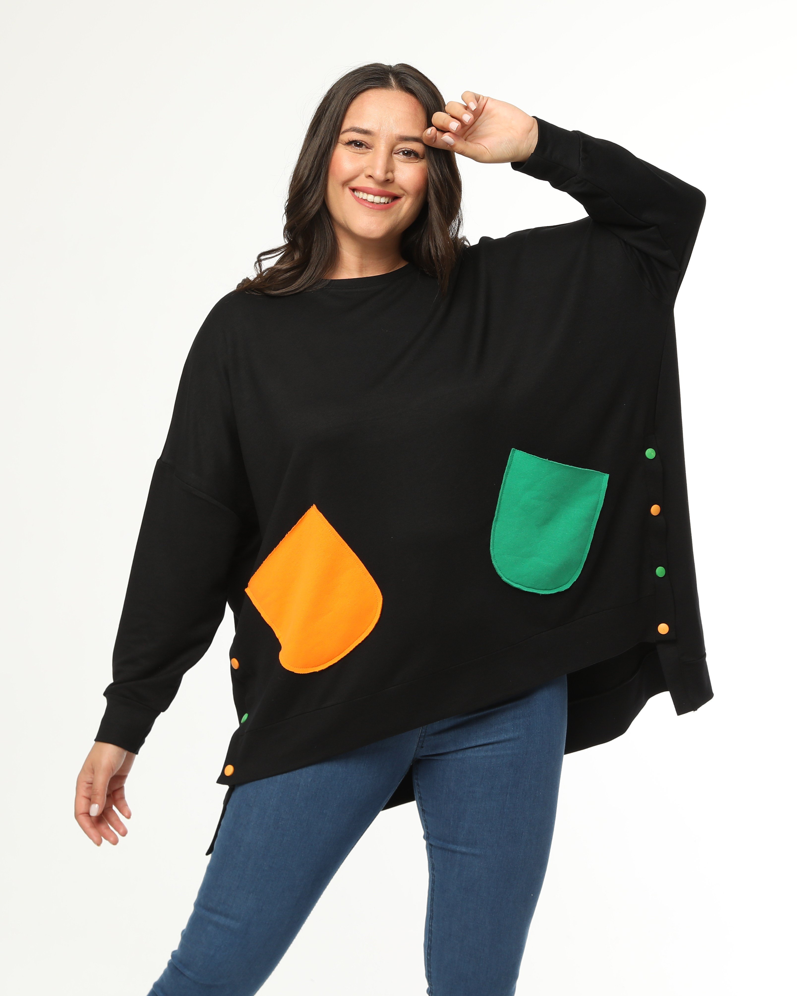 3609 Renkli Cepli Oversize Siyah Sweat