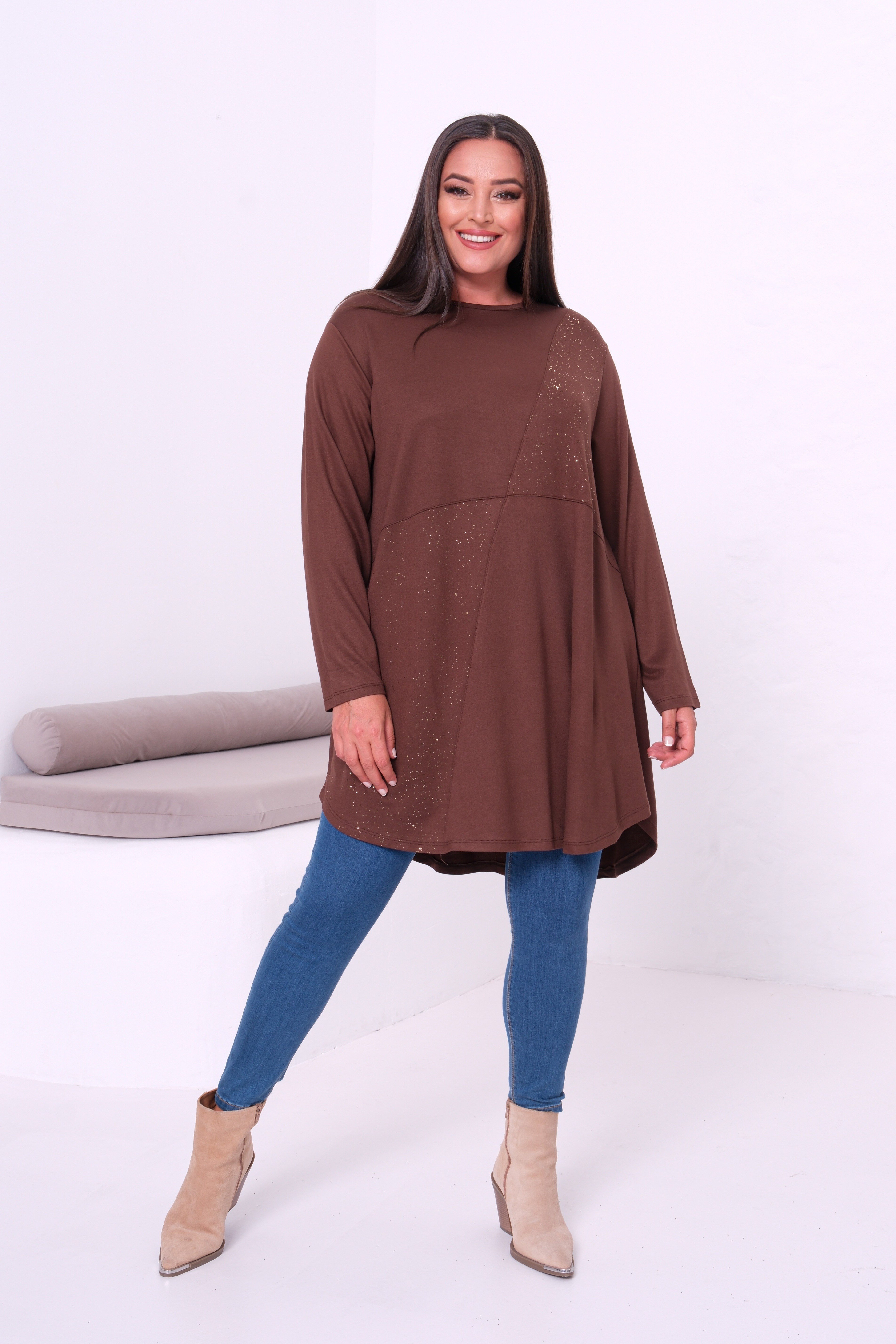 4126 Kahverengi Simli Tunik 