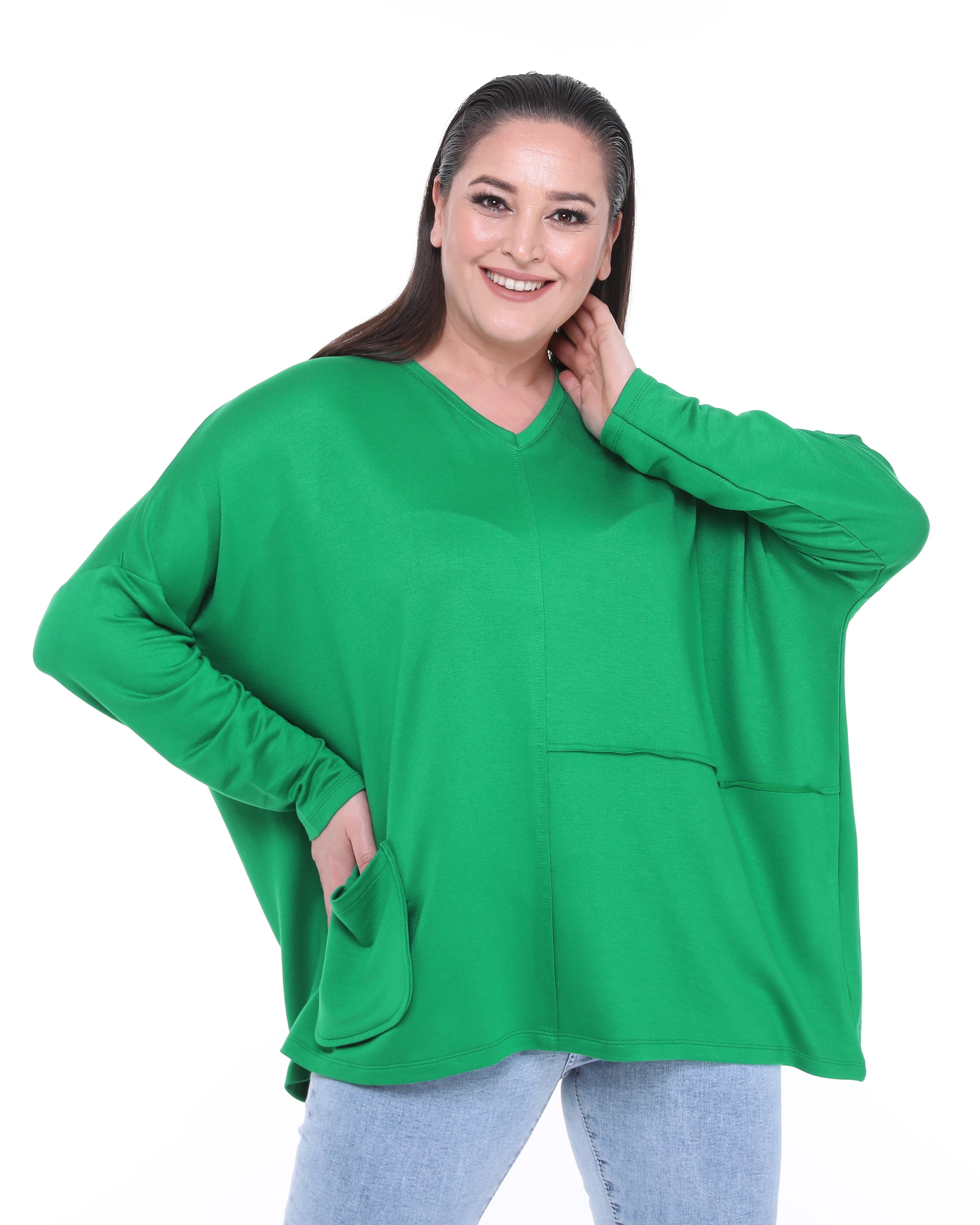 3630 V Yakalı Oversize Cepli Yeşil Bluz 