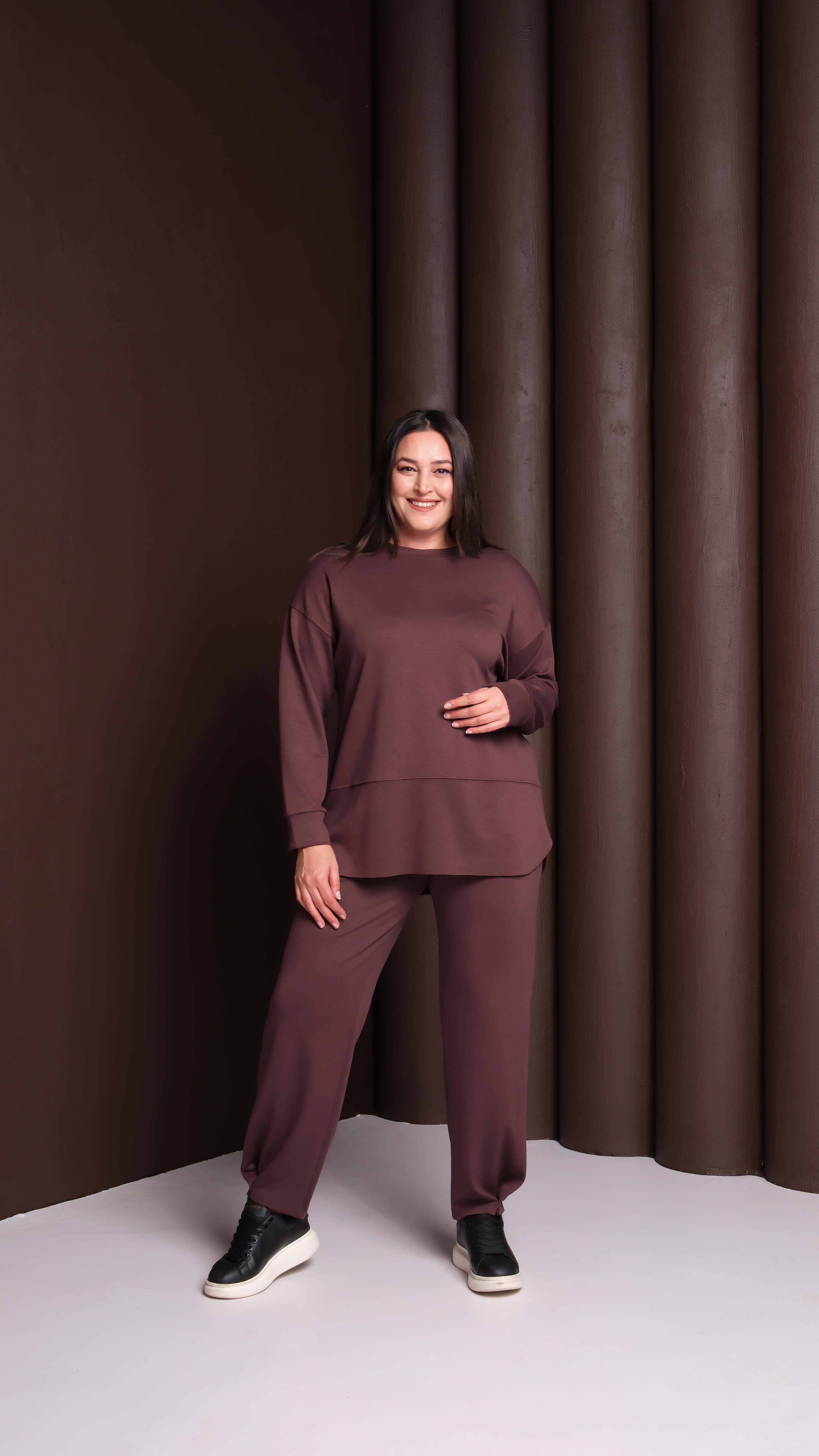 3948 Lazer Kesim Havuç Paçalı Kahverengi Basic Takım