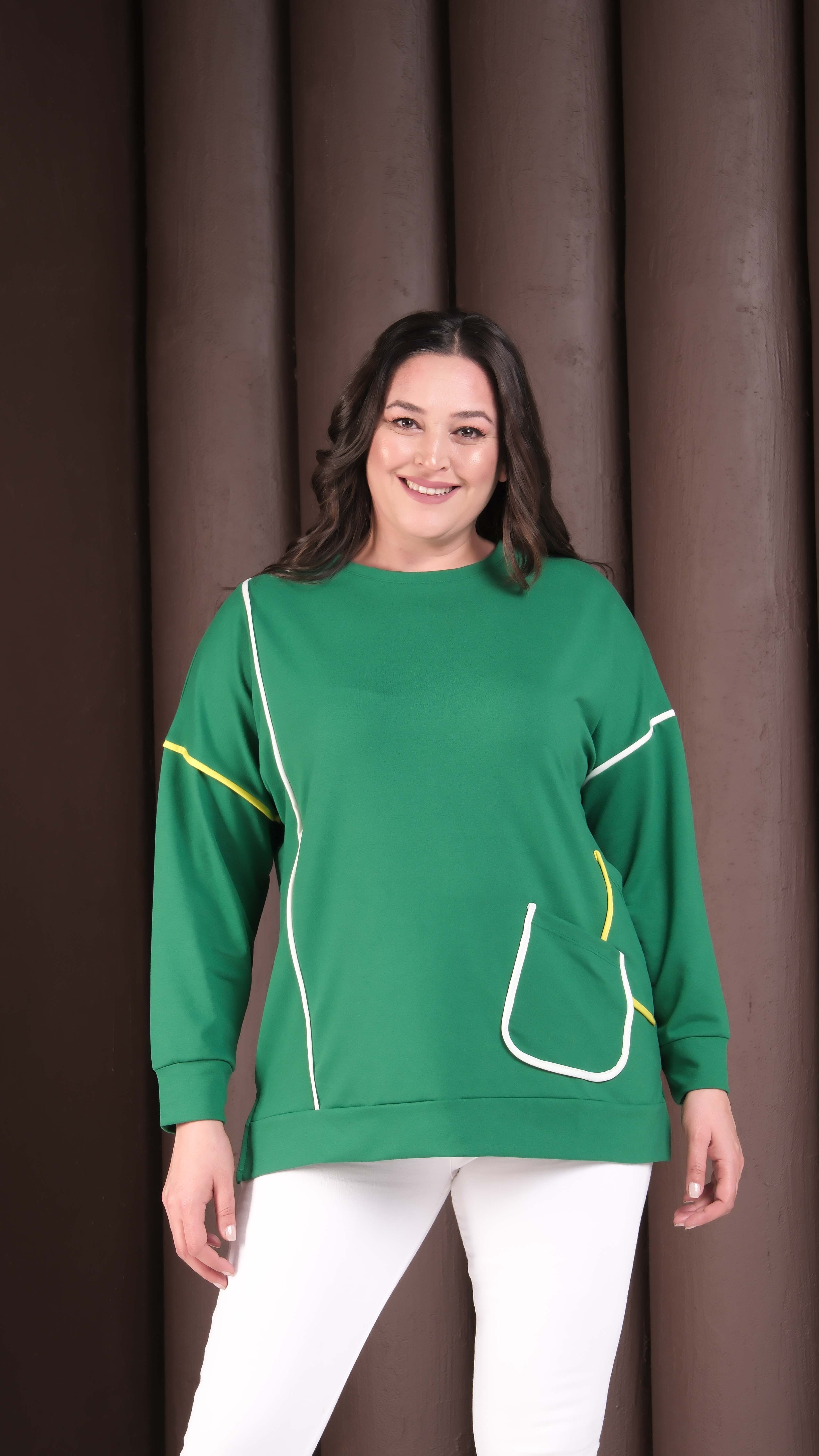 3909 Neon Şeritli Cepli Yeşil Sweat