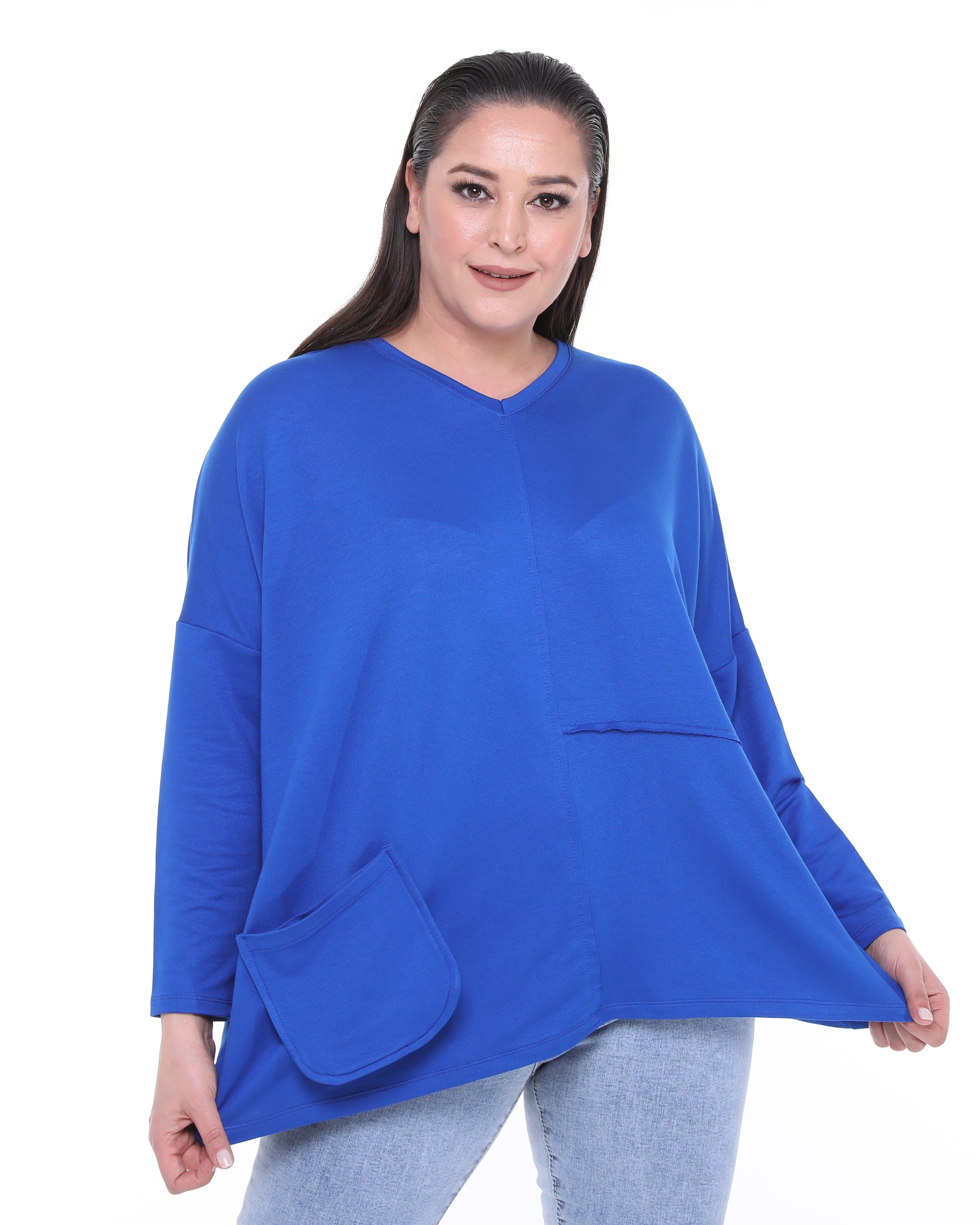 3630 V Yakalı Oversize Cepli Mavi Bluz 