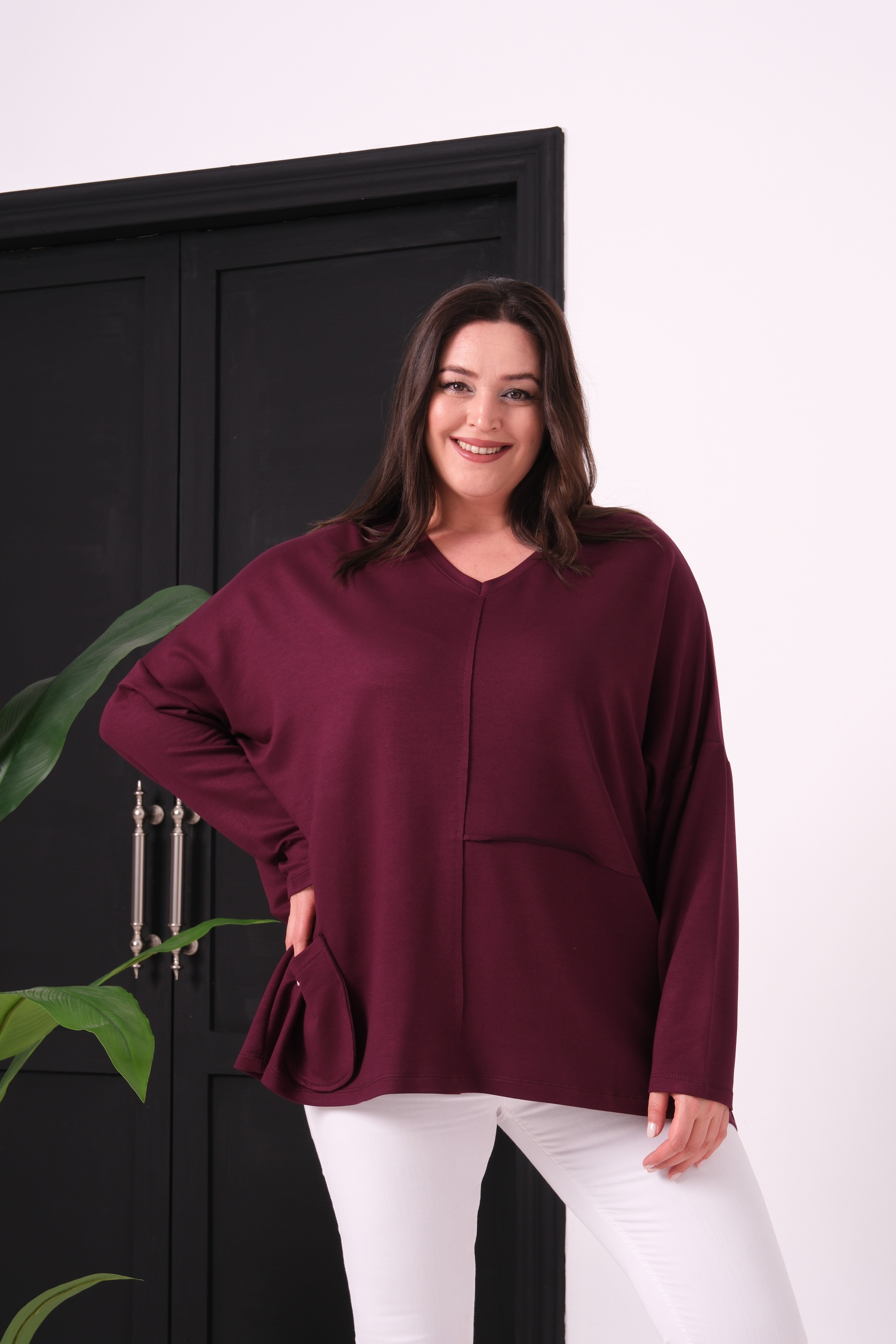 3630 V Yakalı Oversize Cepli Bordo Bluz 