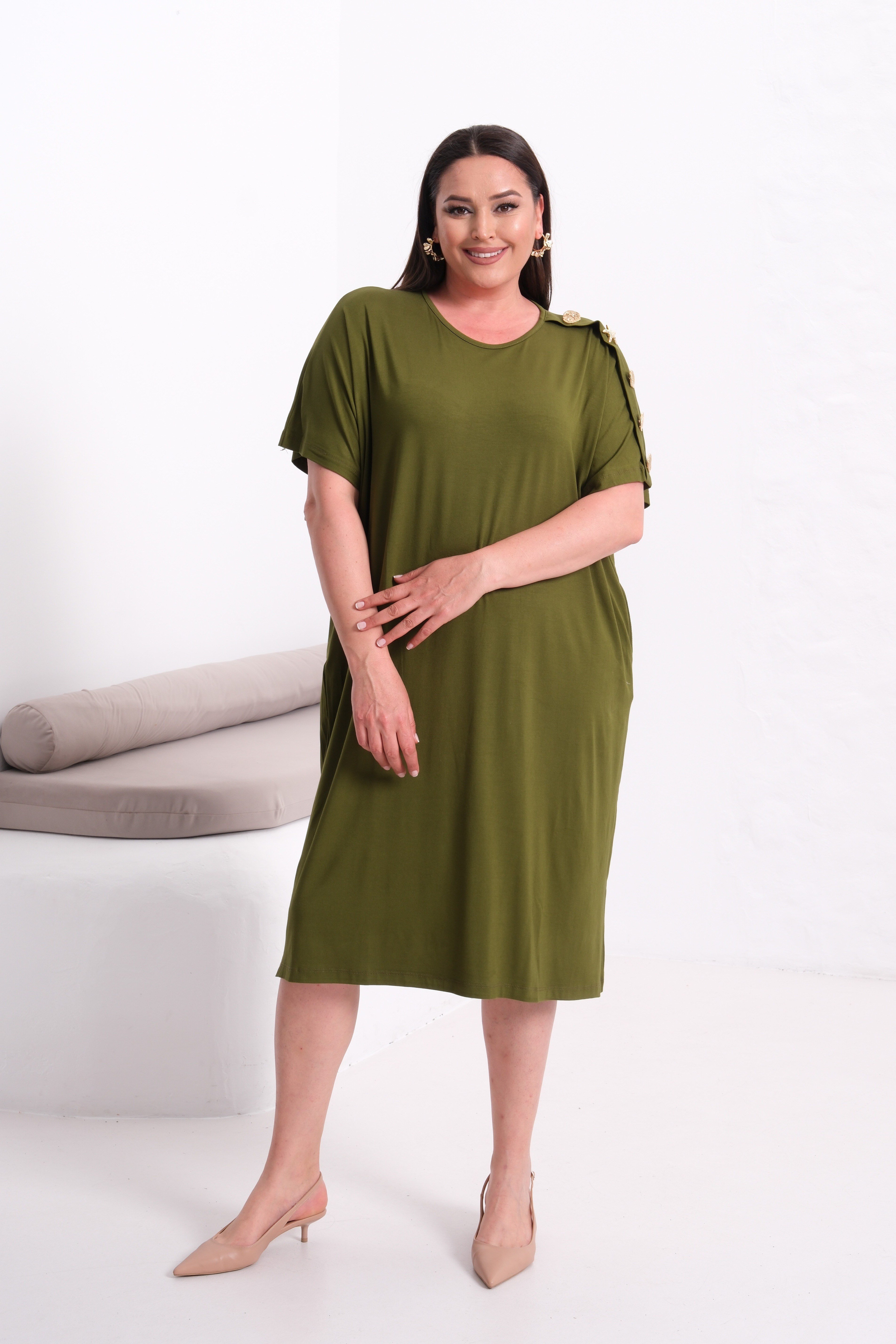 2558 Omzu Düğmeli Oversize Yeşil Elbise