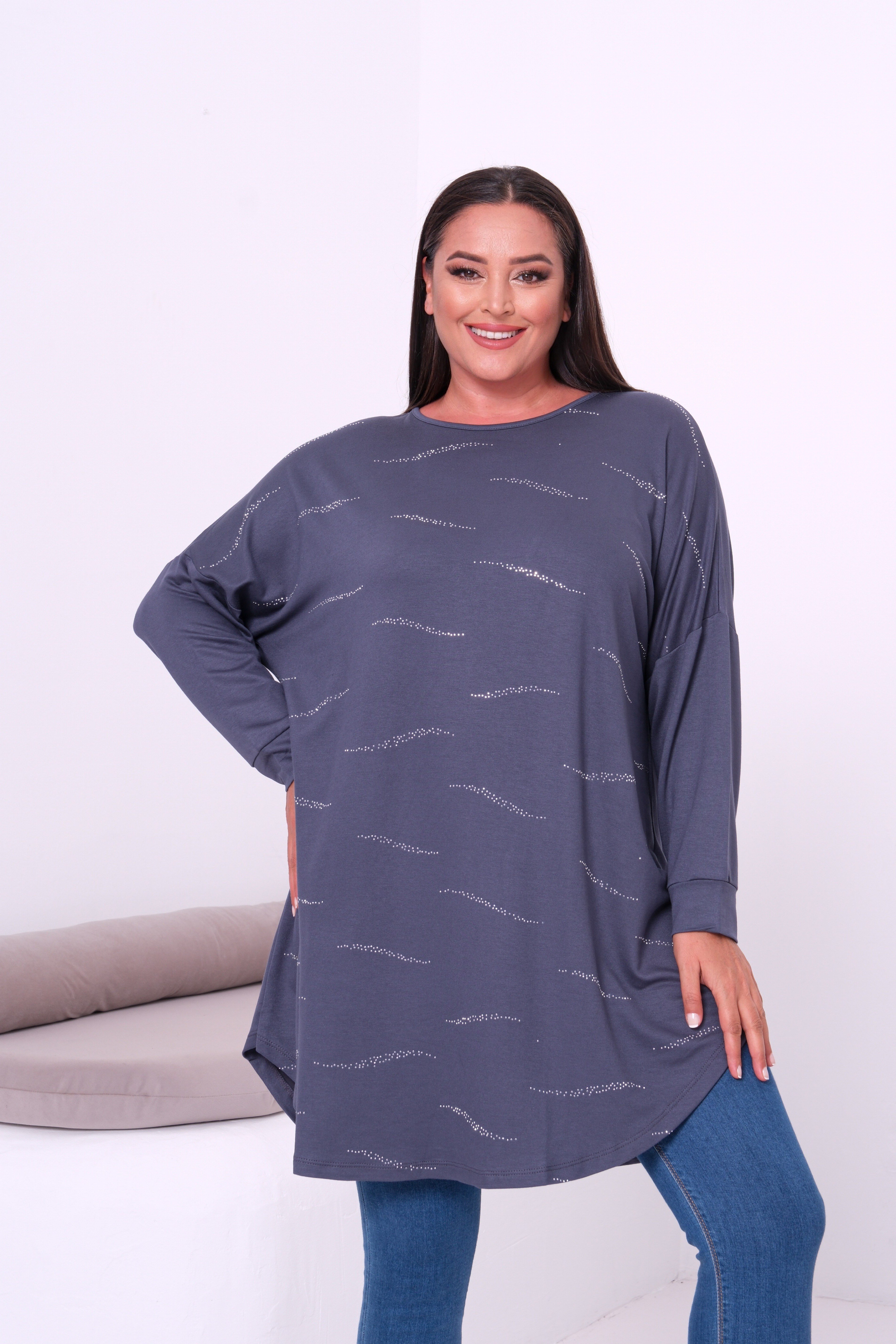 4129 Dalgalı Taşlı Gri Tunik