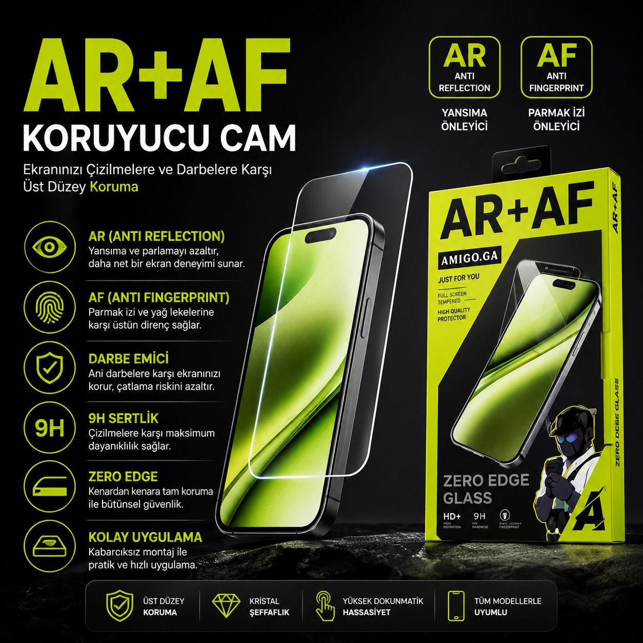 AR+AF 17 PRO MAX Sonsuz Ekran HD Şeffaf Temperli Cam – Anti Reflection & Anti Fingerprint