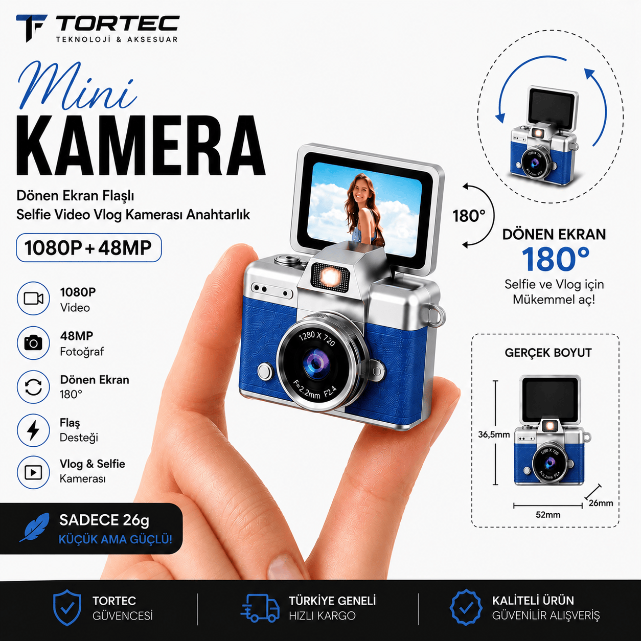 Mini Kamera 1080P 48MP – 180° Dönen Ekranlı