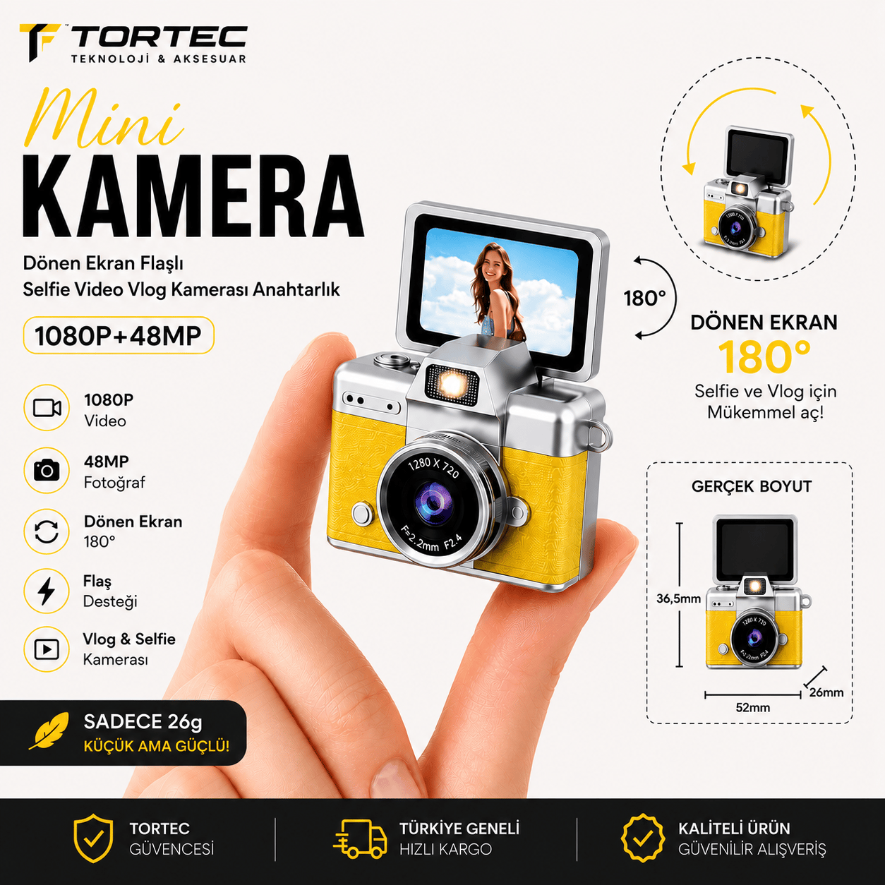 Mini Kamera 1080P 48MP – 180° Dönen Ekranlı