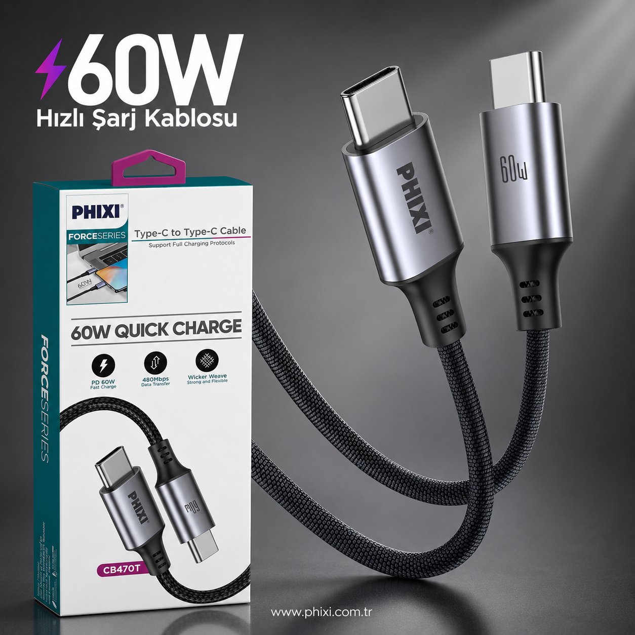 PHIXI Force CB470T 60W Type-C Hızlı Şarj Kablosu