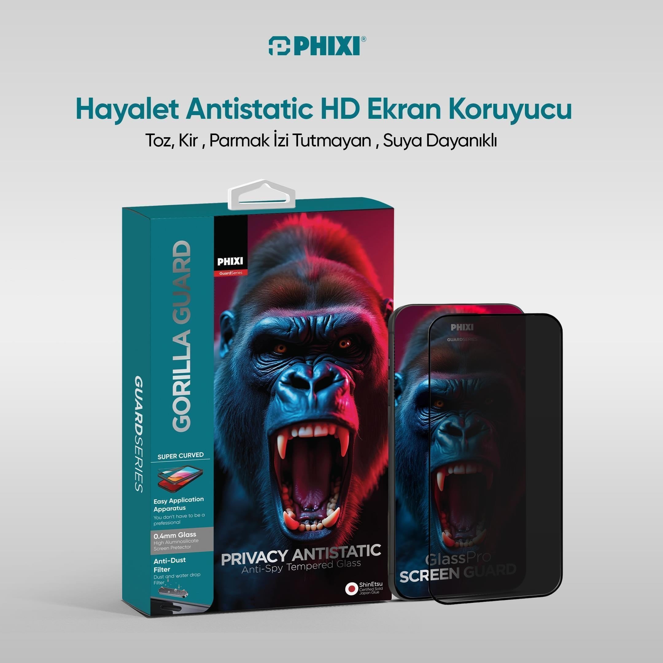 PHİXİ HAYALET GORİLLA GUARD İPHONE 15 KIRILMAZ CAM – HD TEMPERLİ, TEKRAR YAPIŞABİLİR, SUYLA TEMİZLENEBİLİR, ANTİ-STATİK, SÜPER KAVİSLİ EKRAN KORUYUCU