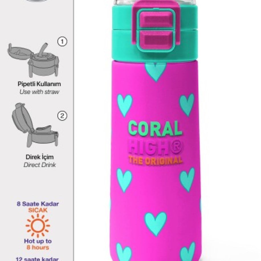 CORAL HİGH PEMBE SU YEŞİLİ KALP DESENLİ 500ml ÇELİK SULUK