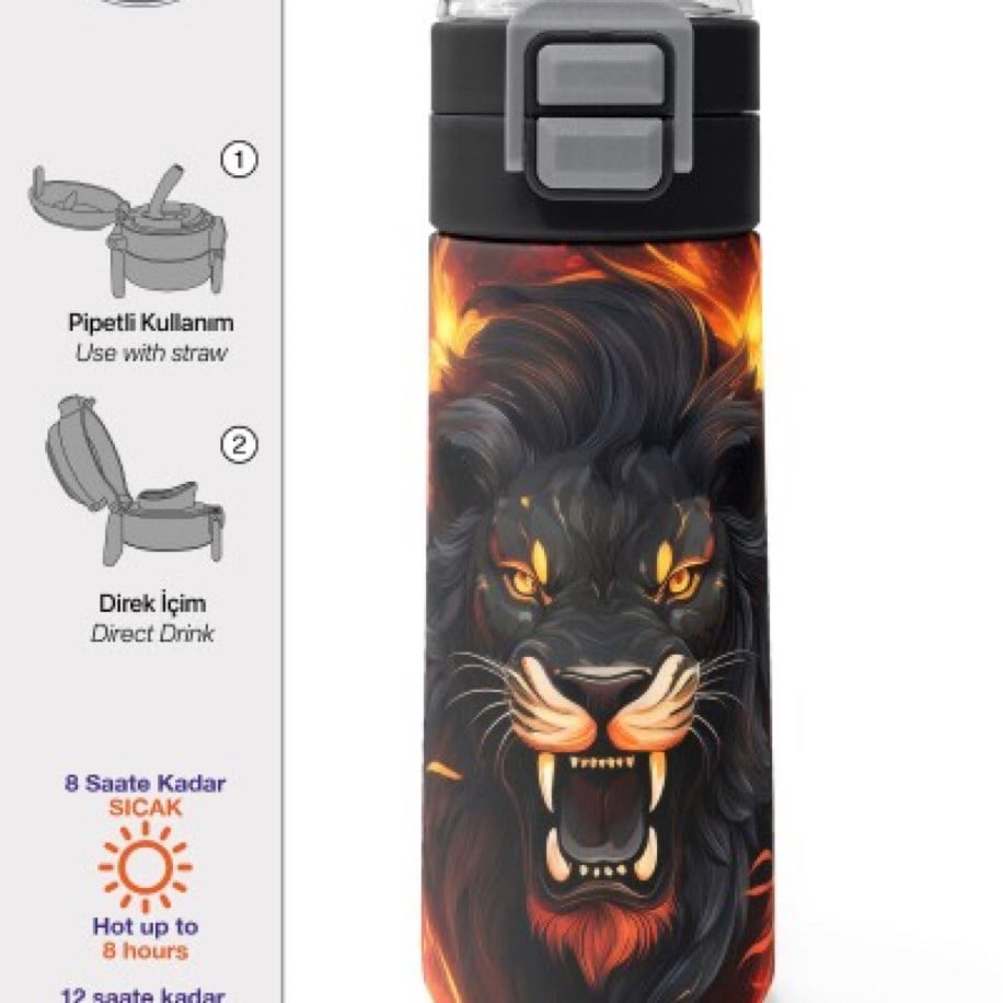 CORAL HİGH SİYAH ASLAN DESENLİ PİPETLİ VE DİREK İÇİM 50”ml ÇELİK SULUK