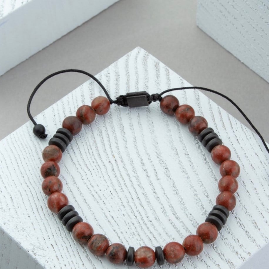 Jasper ve Hematit Doğal Taş Kırmızı Küre Kesim 6mm Makrome Bileklik