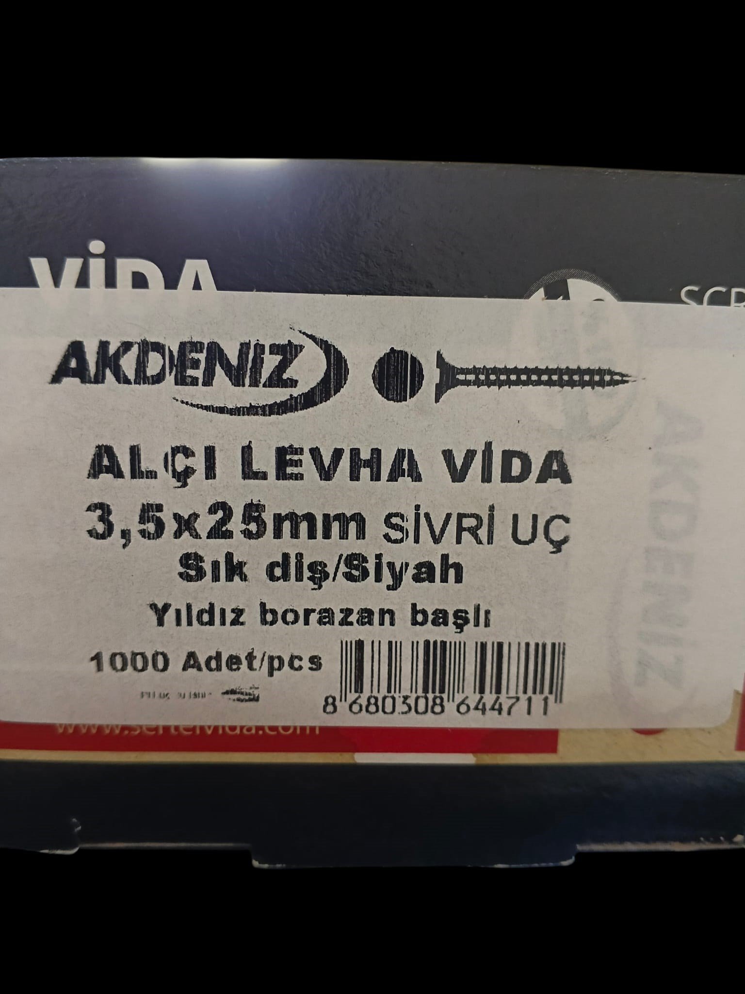 Akdeniz Alçı Levha Vida Sivri Uçlu/Siyah  Sık Diş 3.5X25mm Yıldız Borazan Başlı