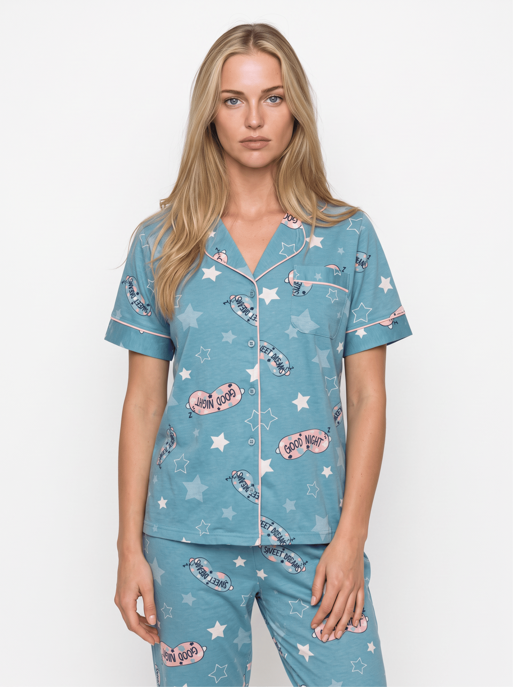 KADIN KISA KOLLU ÖNDEN KOMPLE DÜĞMELİ PİJAMA TAKIMI