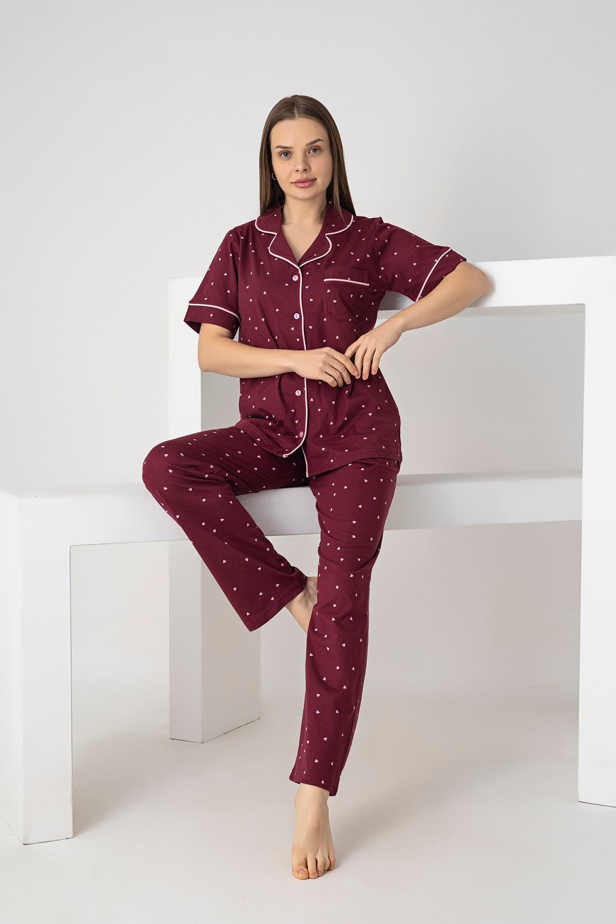 KADIN PAMUKLU KALP DESENLİ KISA KOLLU PİJAMA TAKIMI