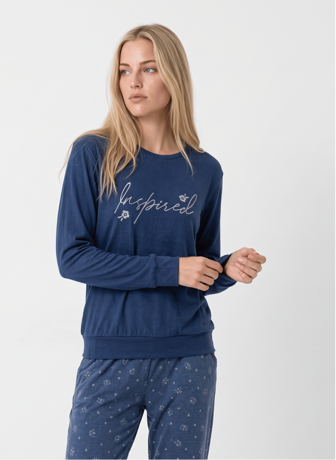 KADIN THERMAL PİJAMA TAKIMI ÇİÇEK DESENLİ MAVİ