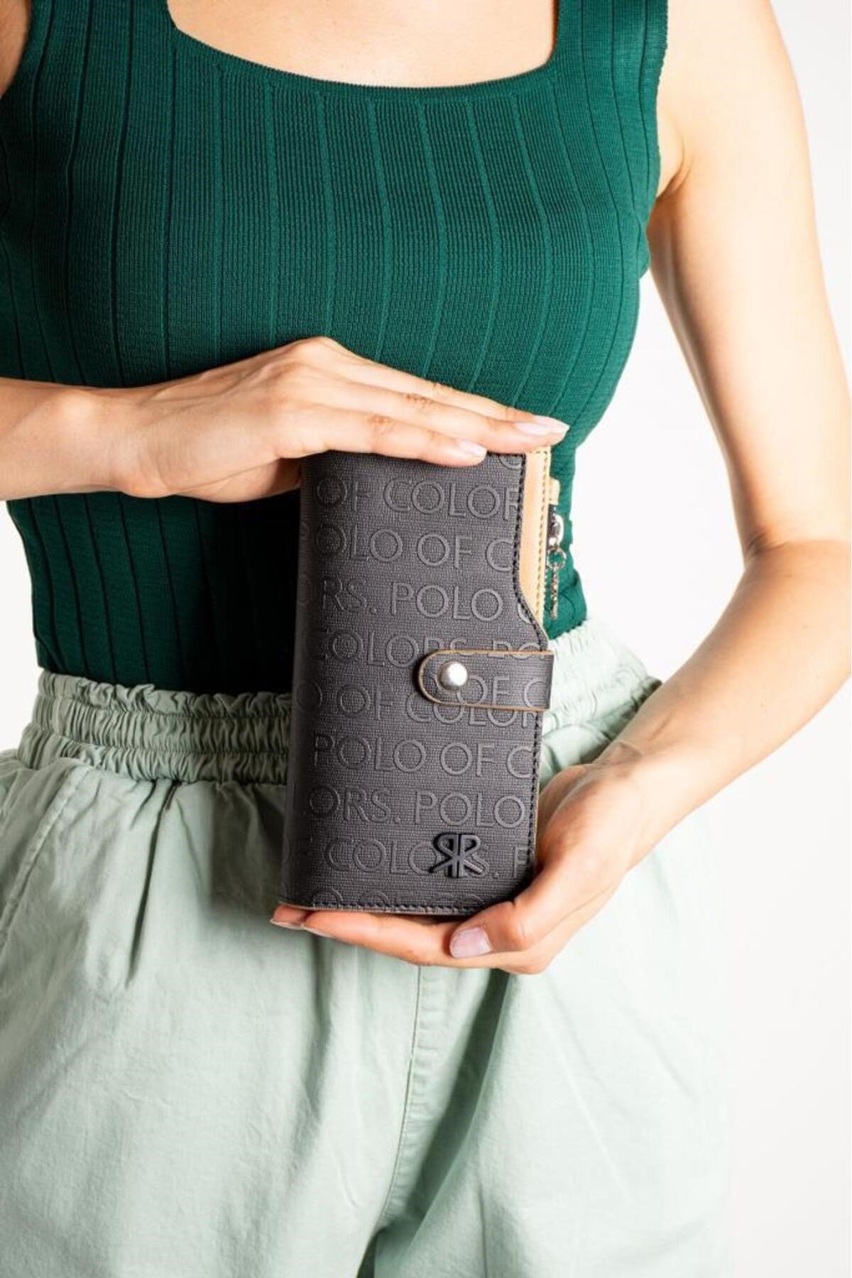 İmpolo Tina SiyahTabaGofraj Baskı Kadın El Ve Çanta Cüzdanı 19x11 Ebatında