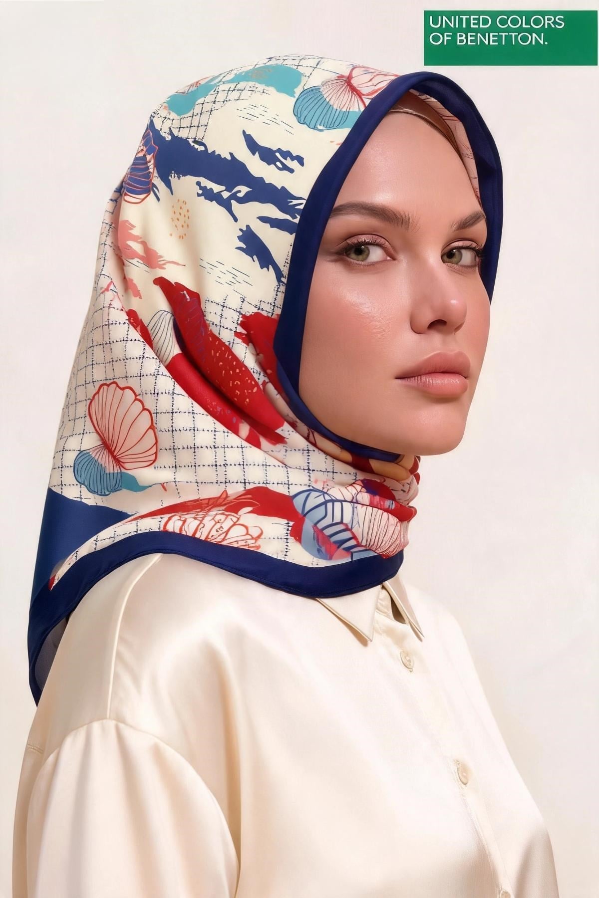 Benetton Sıena Desenli Eşarp B-E-1006 Lacivert