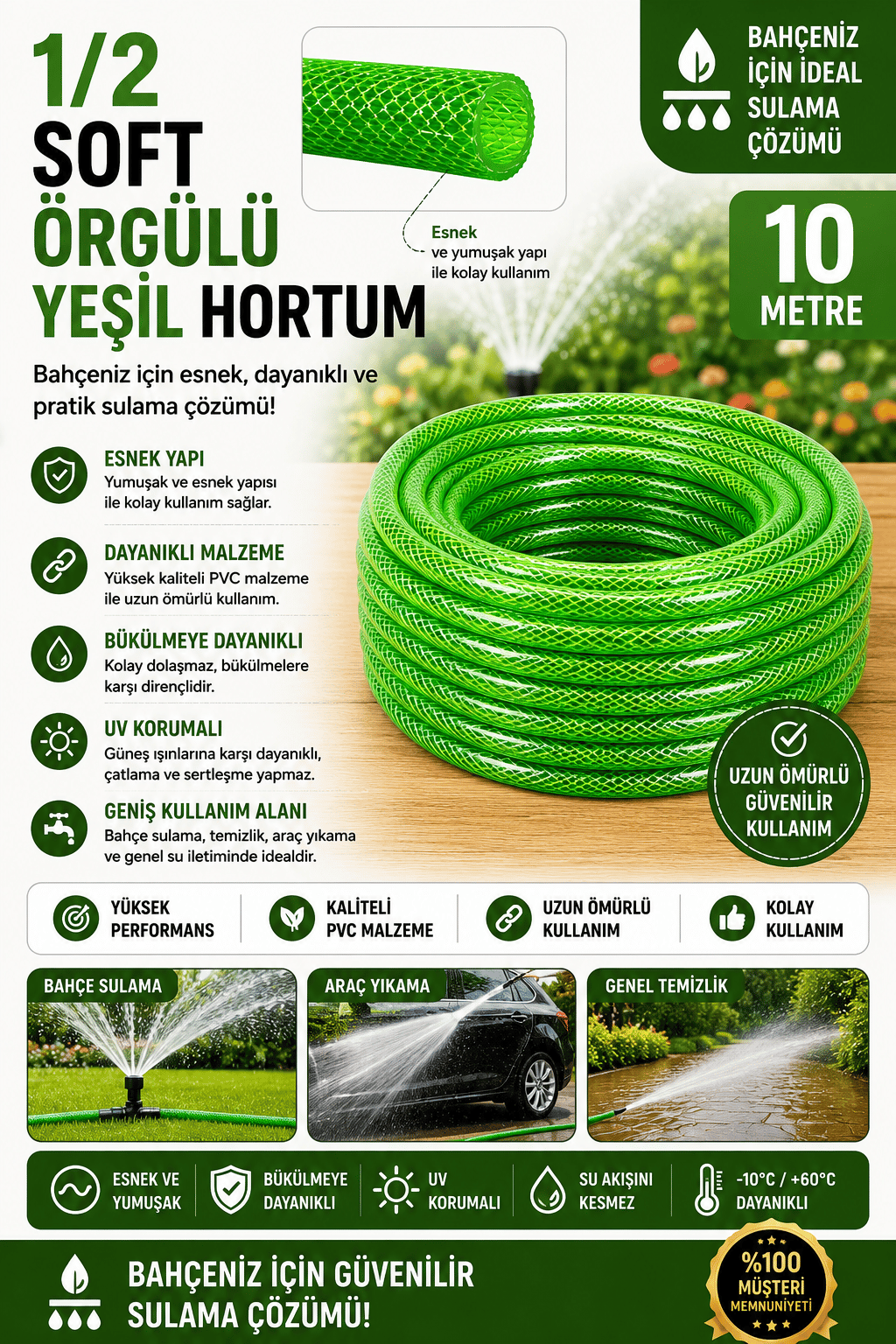 10 Metre 1/2 Soft Örgülü Slikonlu Yeşil Bahçe Hortumu 