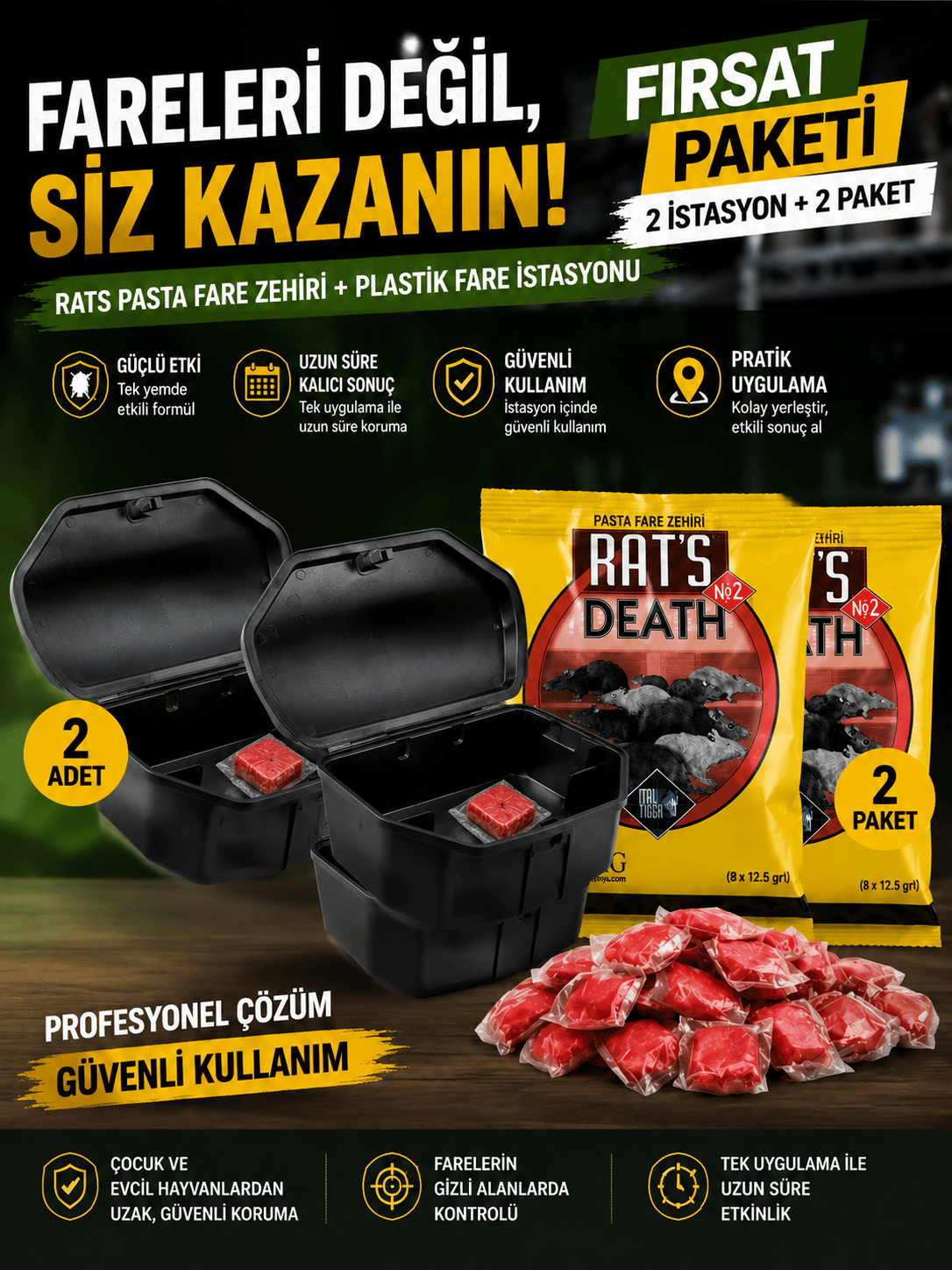 2 Paket Rast Fare Pastası + 2 Adet Plastik Fare İstasyonu Seti