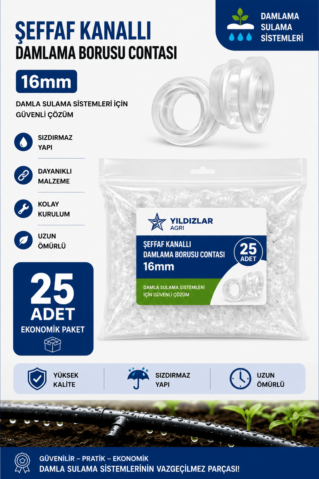 25 Adet 16mm Kanallı Damlama Boru Contası