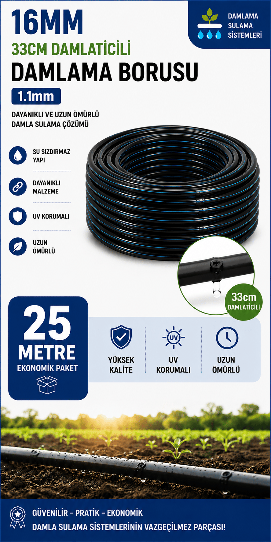 25 Metre 16mm 33cm Damlatıcılı Damlama Borusu