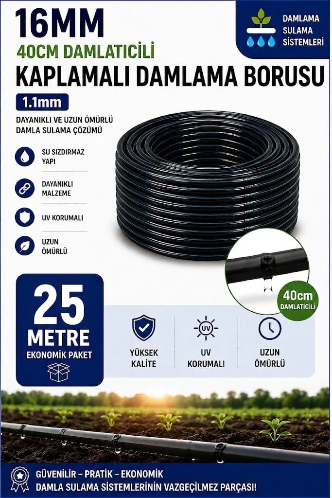 25 Metre 16mm 40cm Damlatıcılı Kaplamalı Damlama Sulama Borusu 