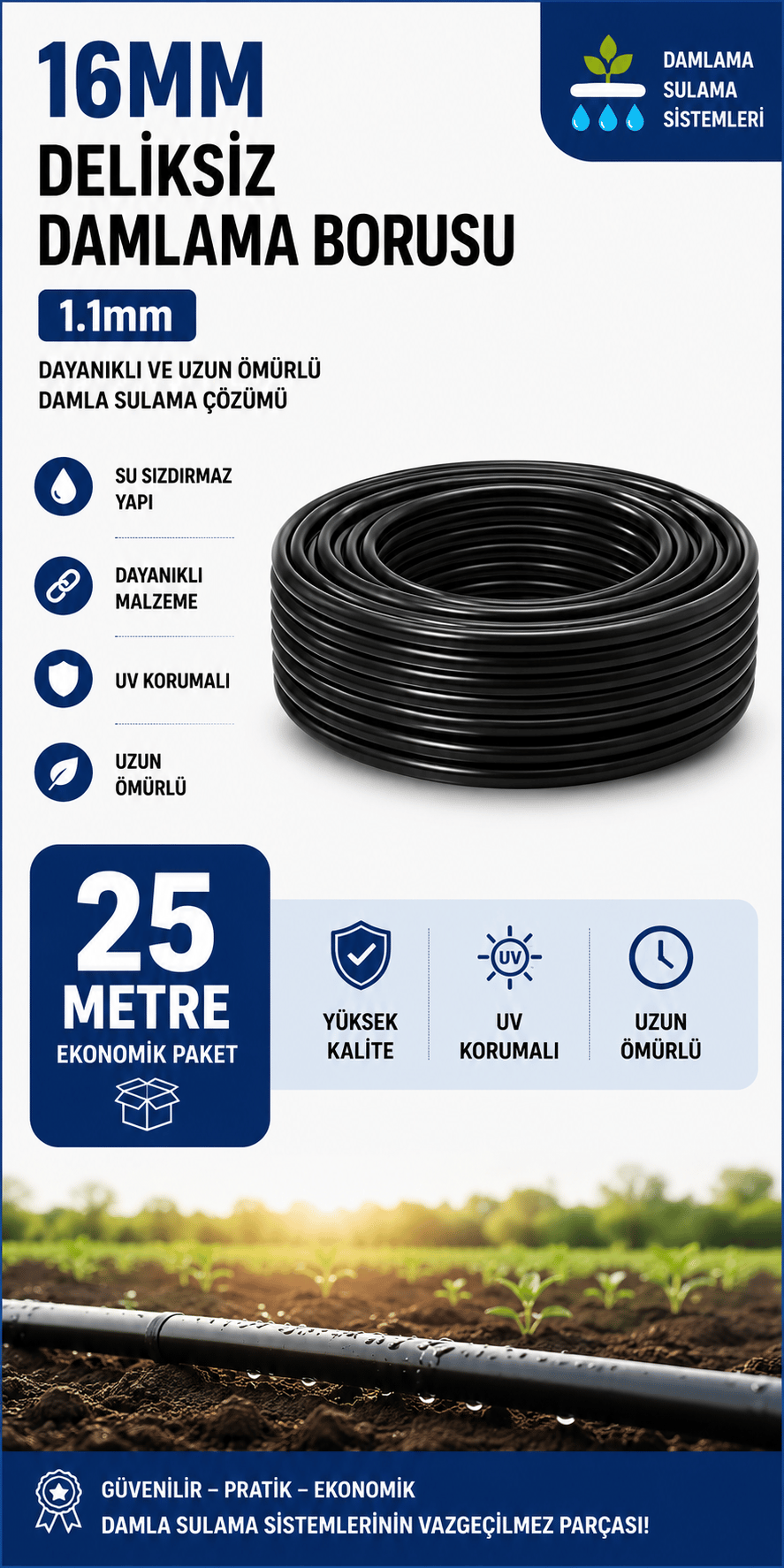 25 Metre 16mm Deliksiz Düz Damlama Borusu