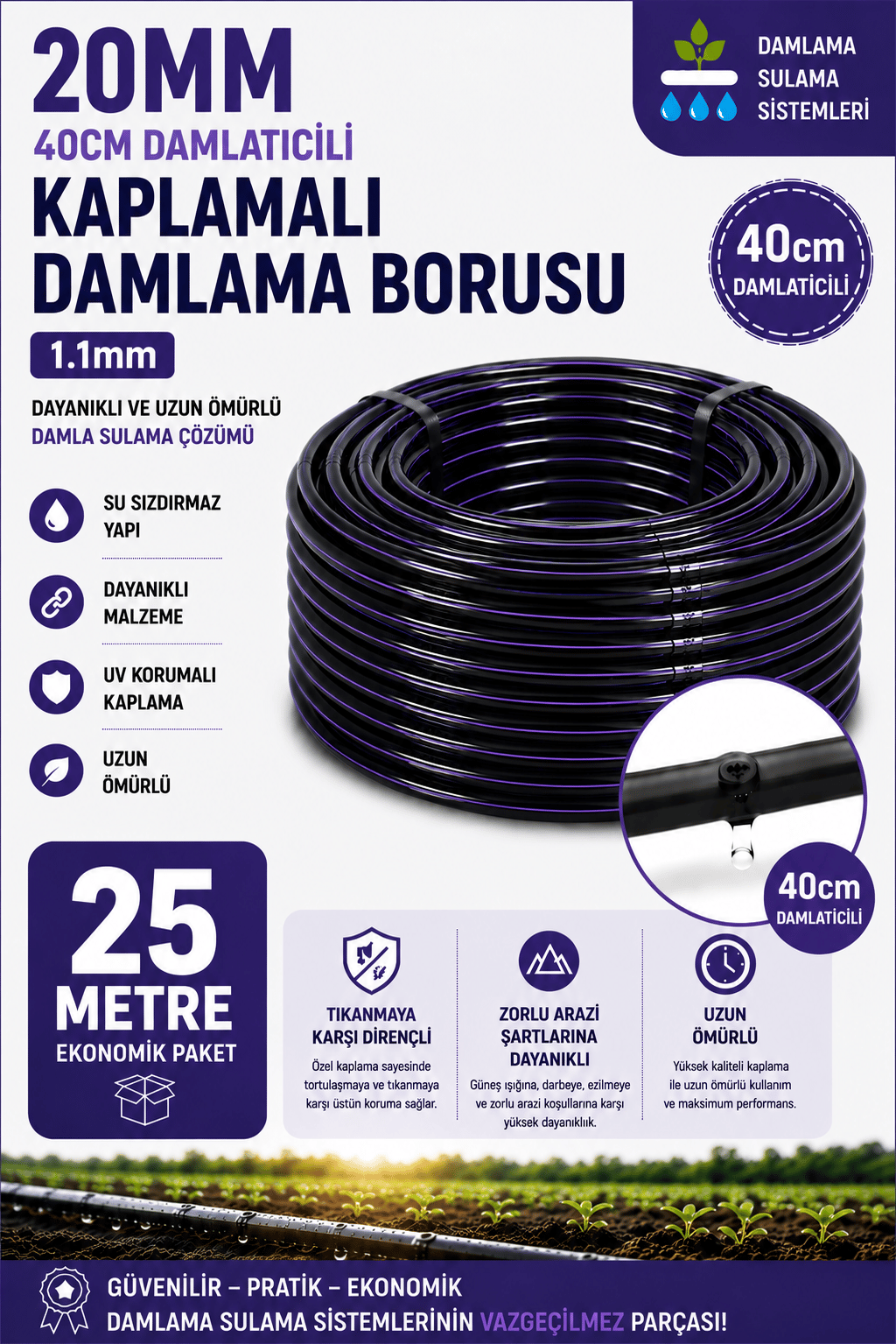 25 Metre 20mm 40cm Damlatıcılı Kaplamalı Damlama Sulama Borusu 