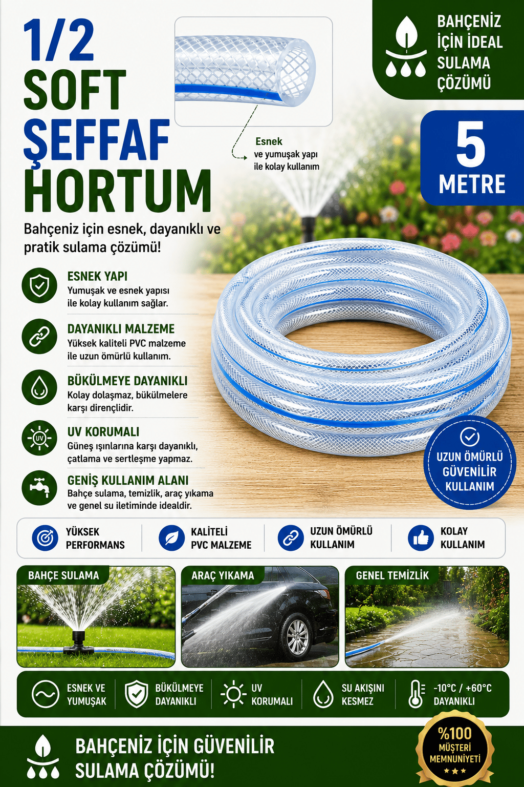 5 Metre 1/2 Soft Örgülü Şeffaf Bahçe Hortumu 