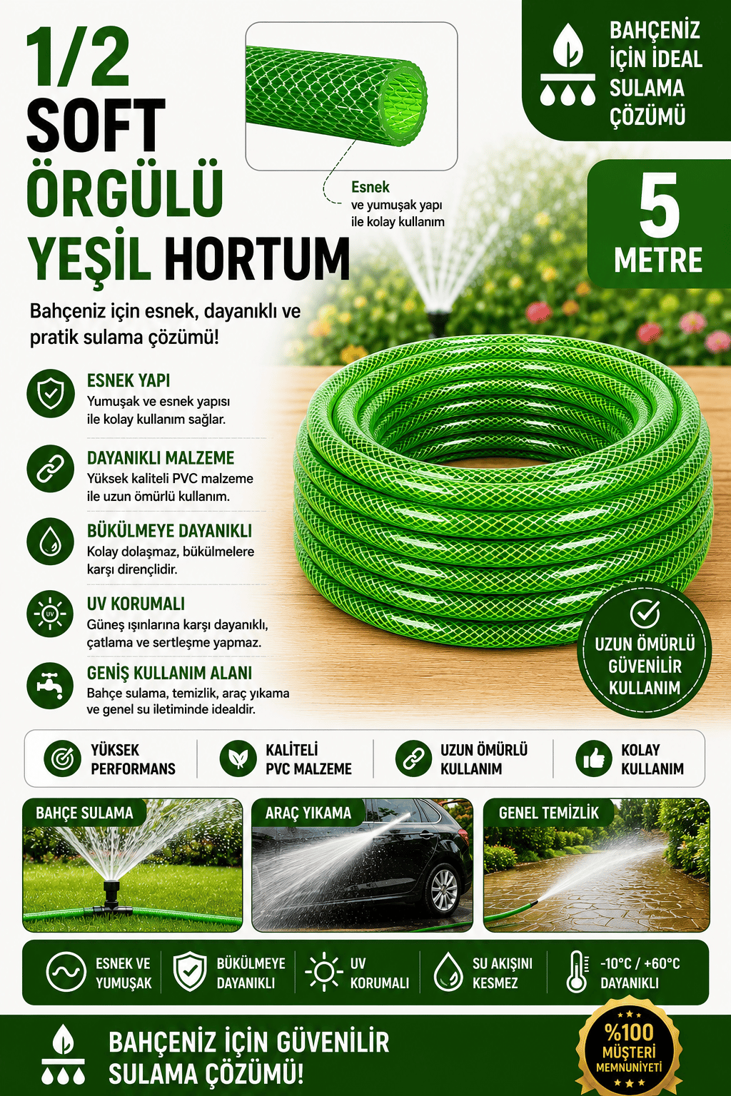 5 Metre 1/2 Soft Örgülü Yeşil Slikonlu Bahçe Hortumu 