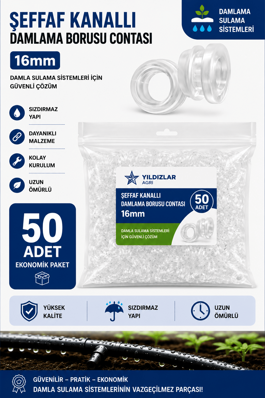 50 Adet 16mm Kanallı Damlama Boru Contası