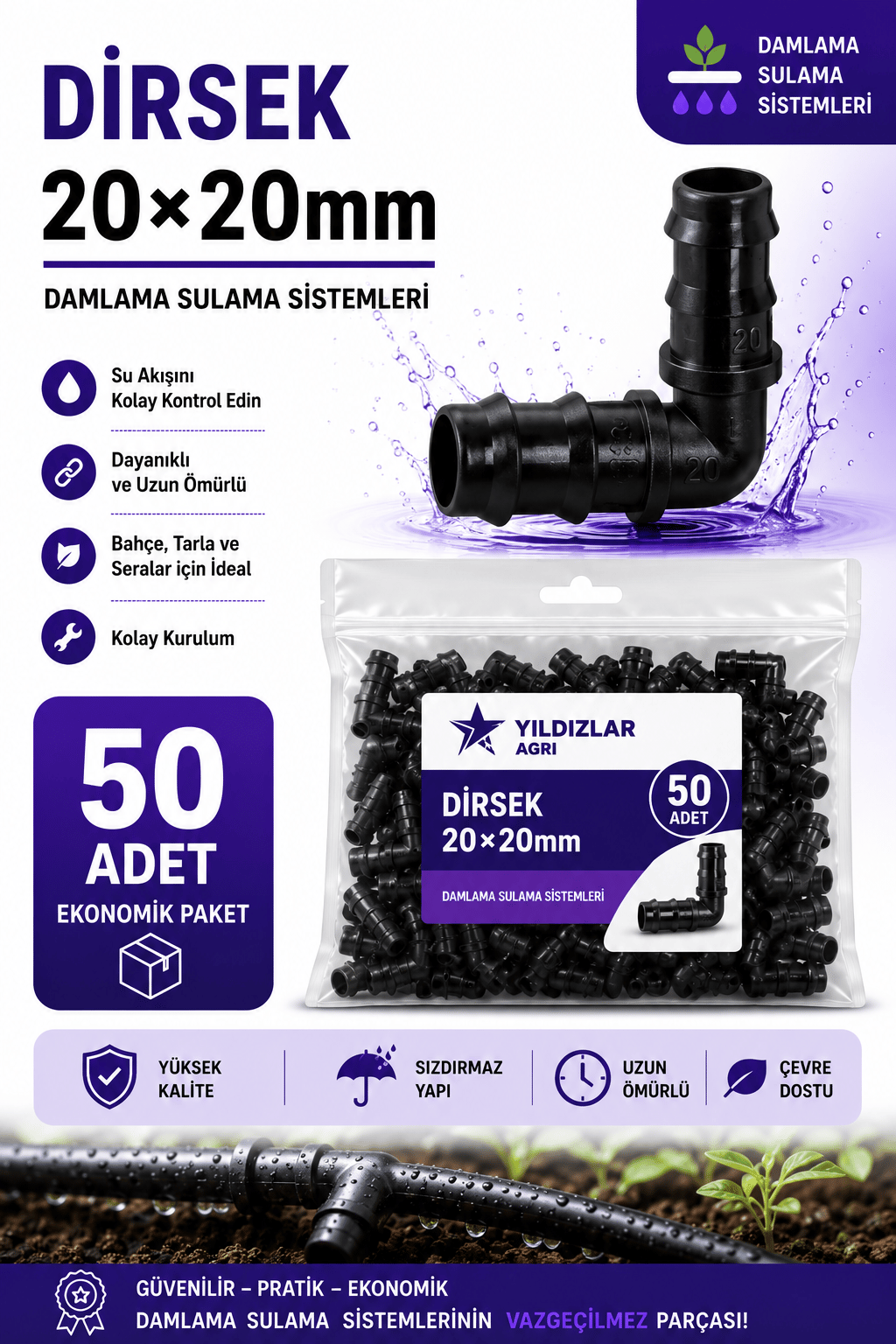 50 Adet Kurtağzı Dirsek Bağlantısı 20x20mm