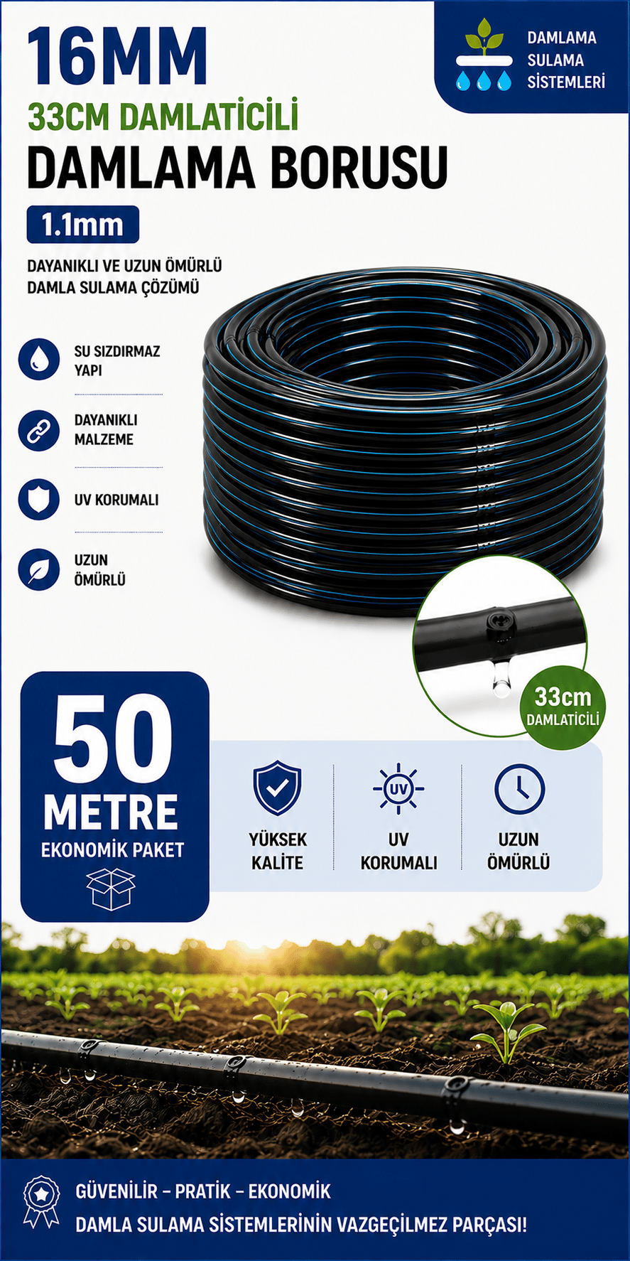 50 Metre 16mm 33cm Damlatıcılı Damlama Borusu
